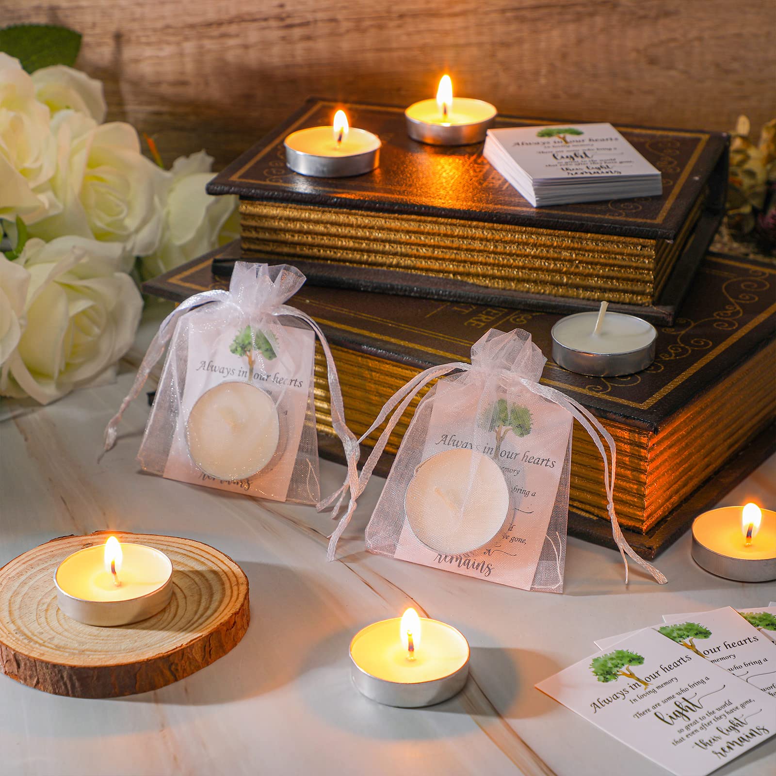 50-Pack Memorial White Unscented Tealight Candles with Condolence Cards & Organza Bags - Funeral Party Favors, Sympathy Gifts for Celebration of Life Decorations - Perfect for Memorial Services, Candlelight Vigils & Remembrance Events
