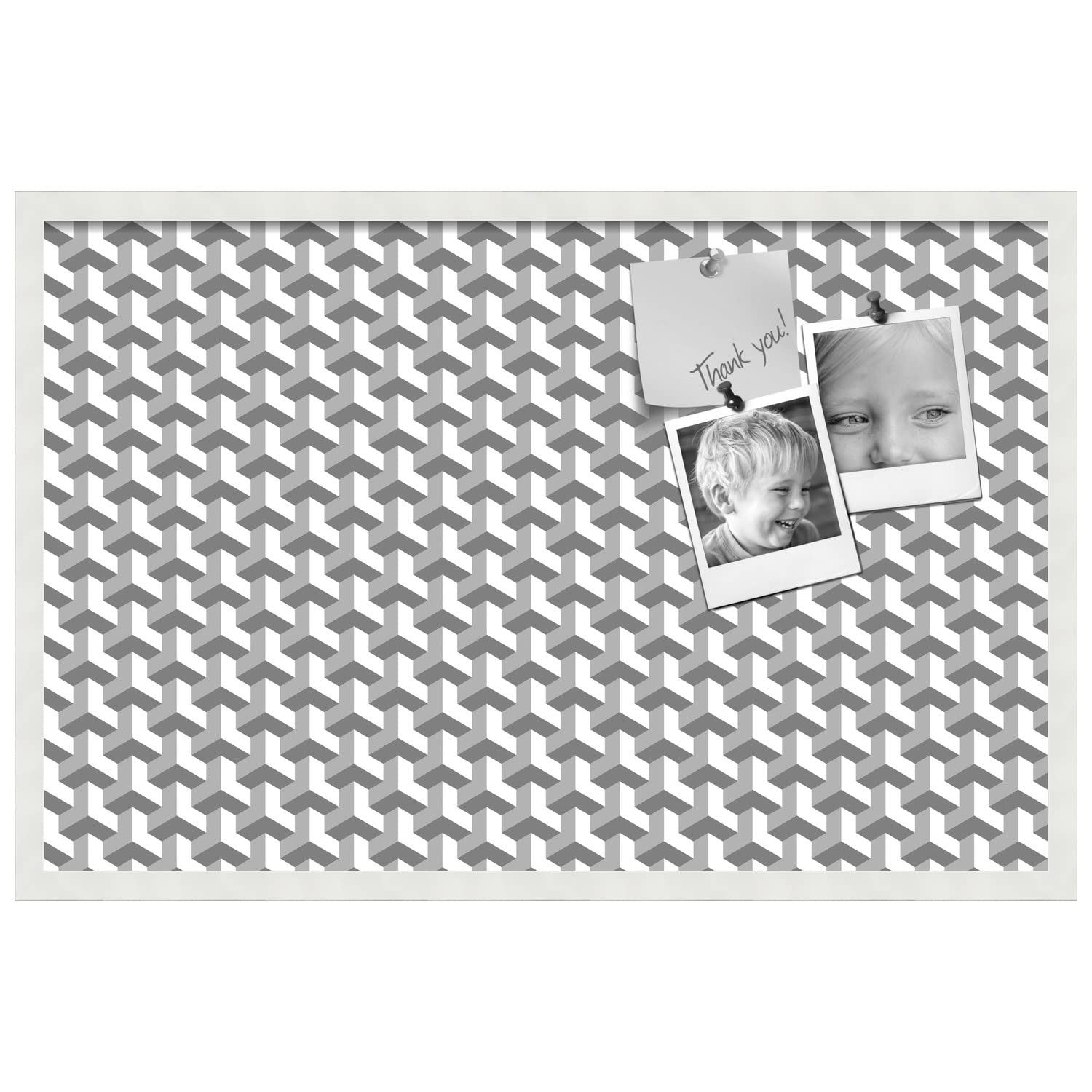 PinPix 34x22 Inch Cork Bulletin Board with BAUS Grey White Design & Satin White Frame - Decorative Framed Pin Board for Home Office School Decor - Perfect for Notes, Photos, Reminders & Wall Organization