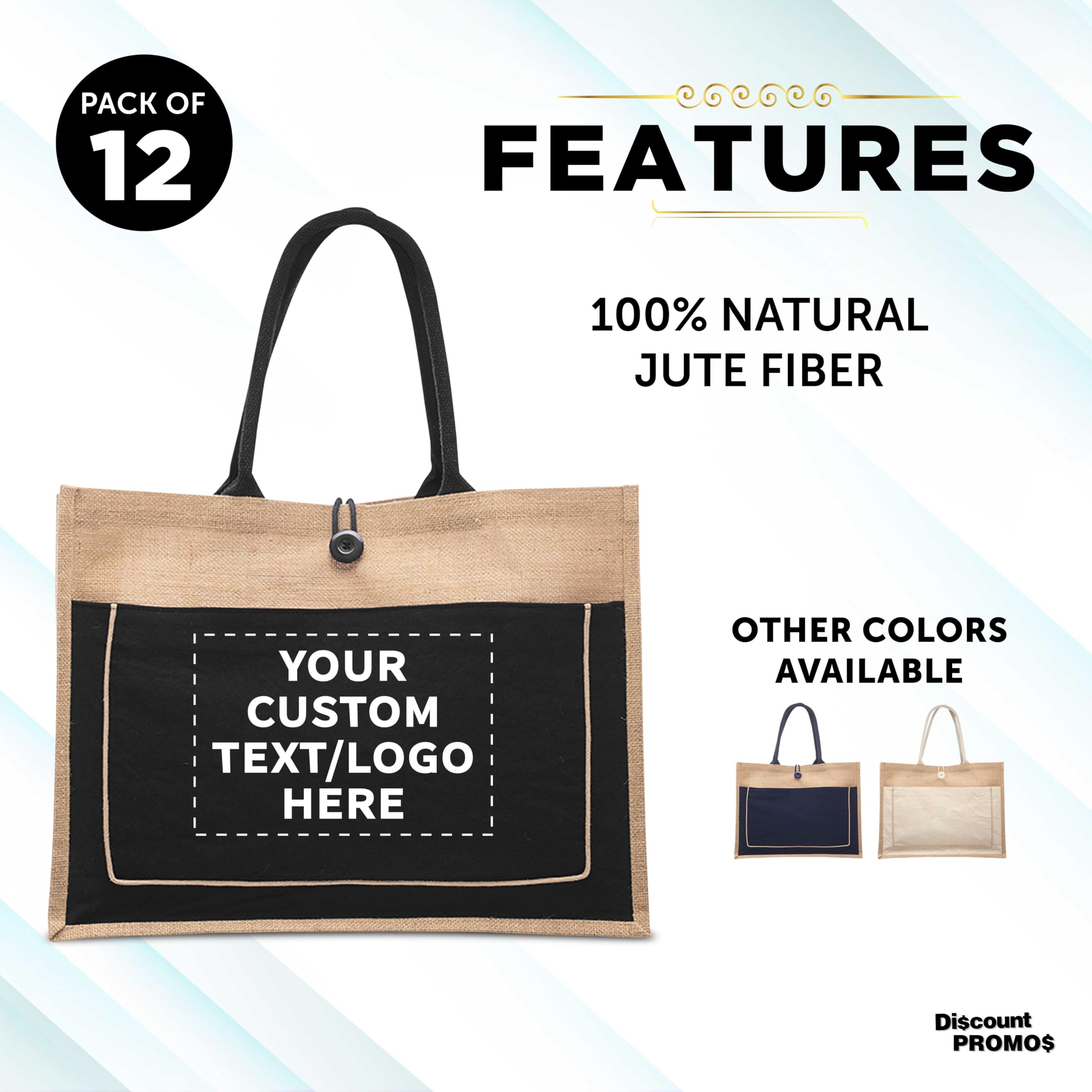 Custom Jute Tote Bags with Cotton Pocket - 50 Pack Bulk Wholesale Eco-Friendly Reusable Grocery Bags - Personalized Promotional Totes for Picnic, Beach, Camping, Outdoor Activities & Shopping - Black