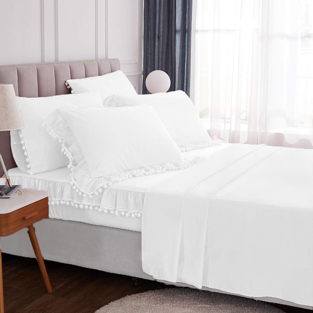 Premium 100% Cotton 600 Thread Count California King Sheet Set - Elegant White Pom Pom Ruffle Design with 17.5
