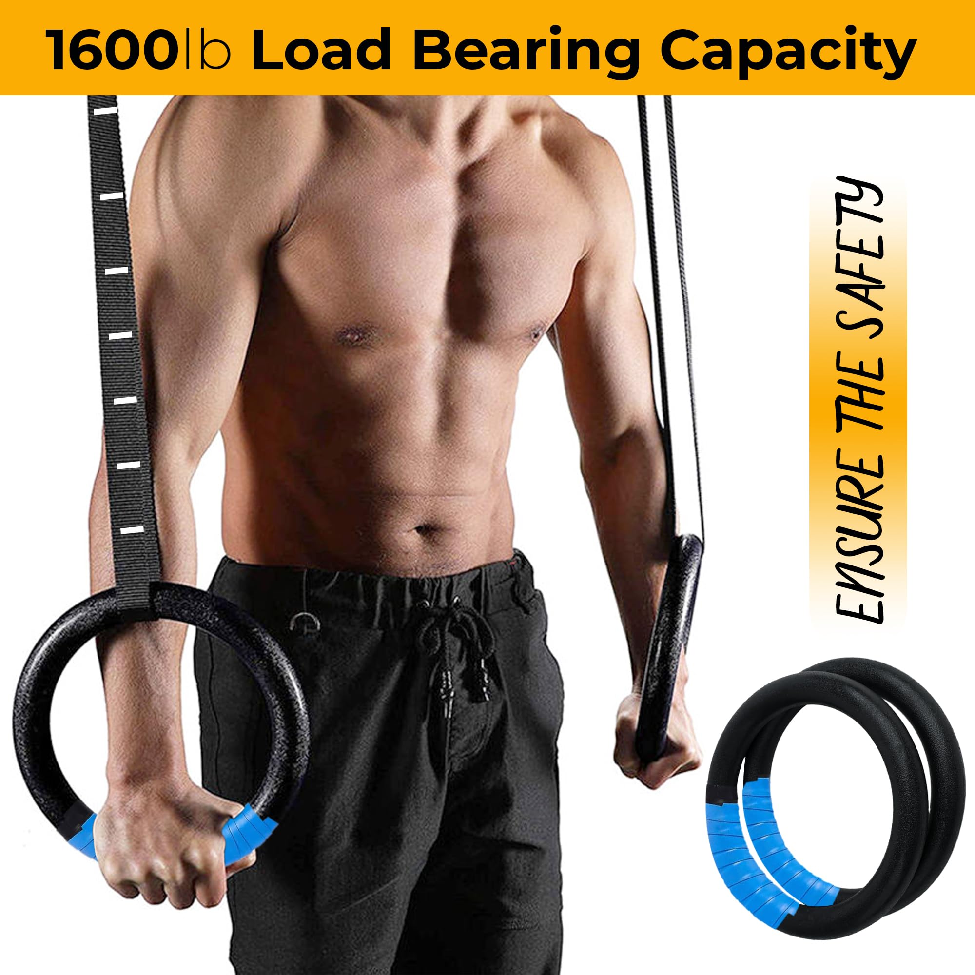 HMART Wooden Gymnastic Rings - 1600lbs Capacity with Loop Bands & 15ft Adjustable Straps - Anti-Slip Sweat-Absorbent Hand Tape - Perfect for Home Gym, Outdoor Workouts, CrossFit Training and Strength Exercises