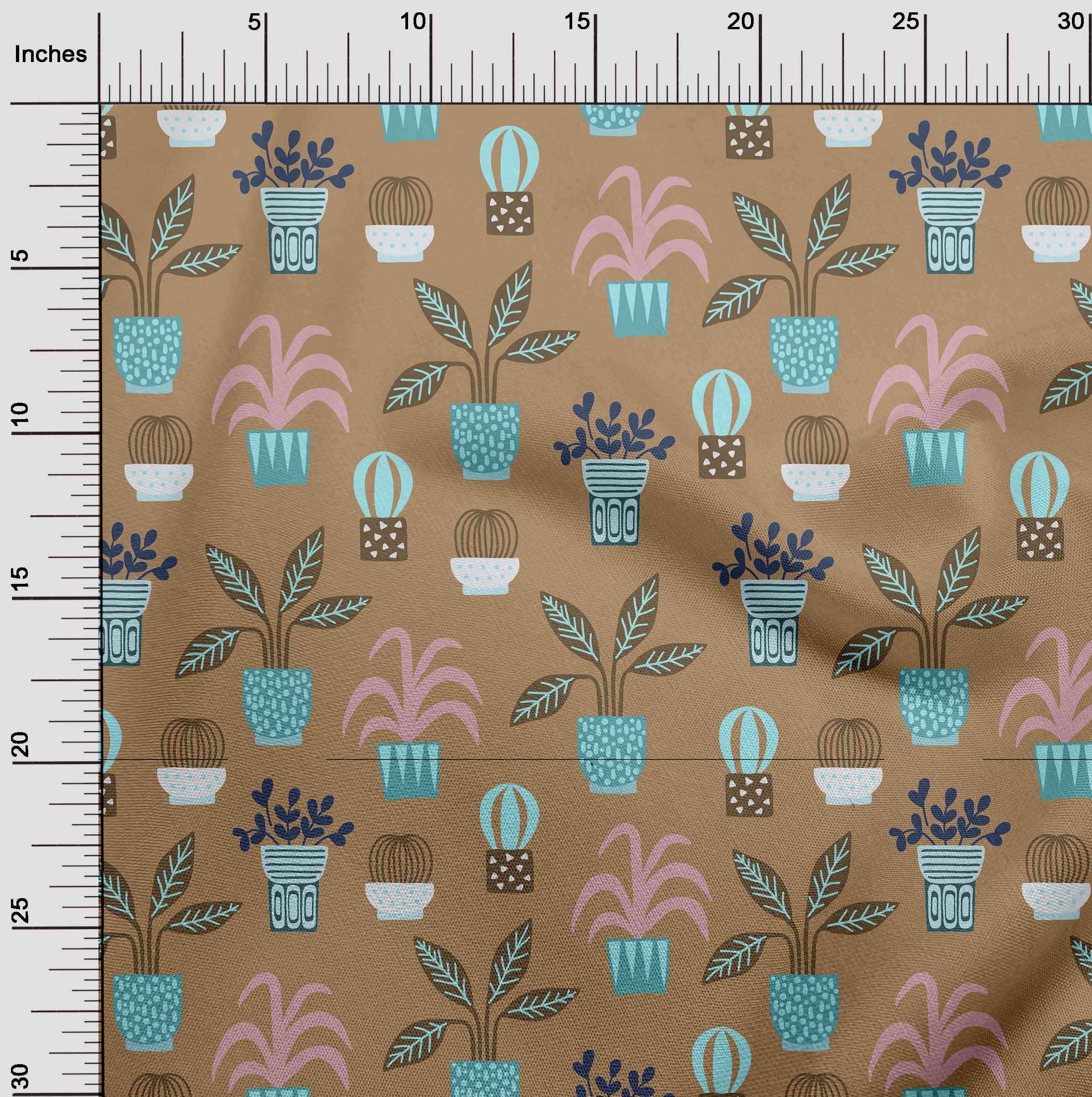 oneOone Cotton Poplin Brown Fabric with Flower Pots Motif - 56 Inch Wide Printed Sewing Material for DIY Clothing, Home Decor & Craft Projects | Perfect for Dresses, Curtains, Quilting and Upholstery