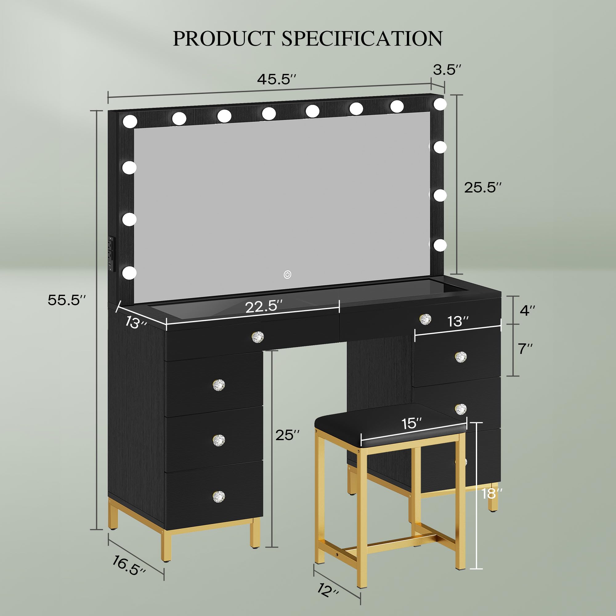 YITAHOME Vanity Desk with Mirror, Power Outlet & 14 LED Lights, Makeup Dressing Table with 8 Drawers, 3 Adjustable Lighting Colors - Perfect for Bedroom, Dressing Room & Home Salon (Black)