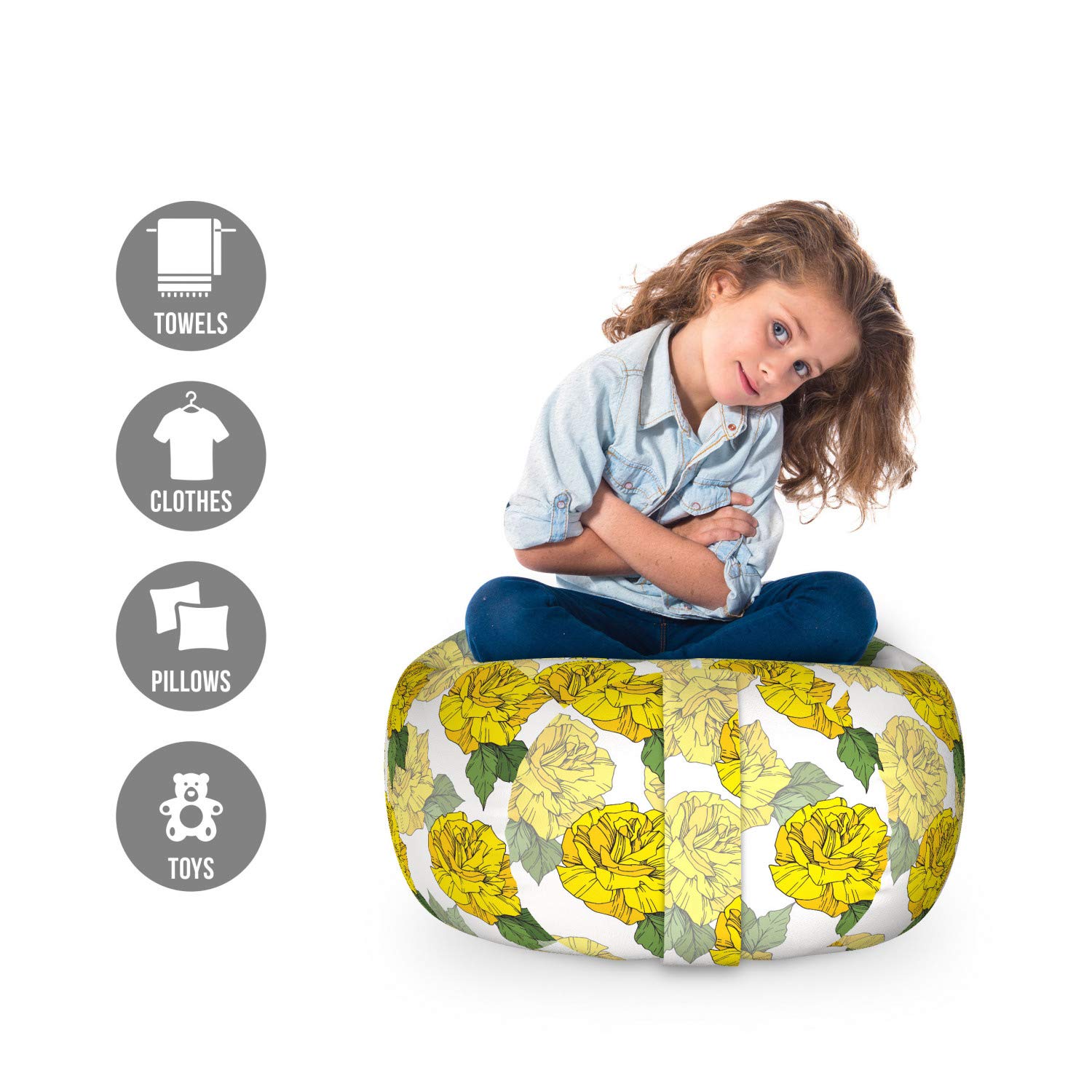 Ambesonne Floral Toy Storage Bag Chair - Spring Roses & Leaves Design, Washable Stuffed Animal Organizer, Small Size in Mustard Green & White | Perfect for Kids' Room, Nursery, Playroom & Home Organization