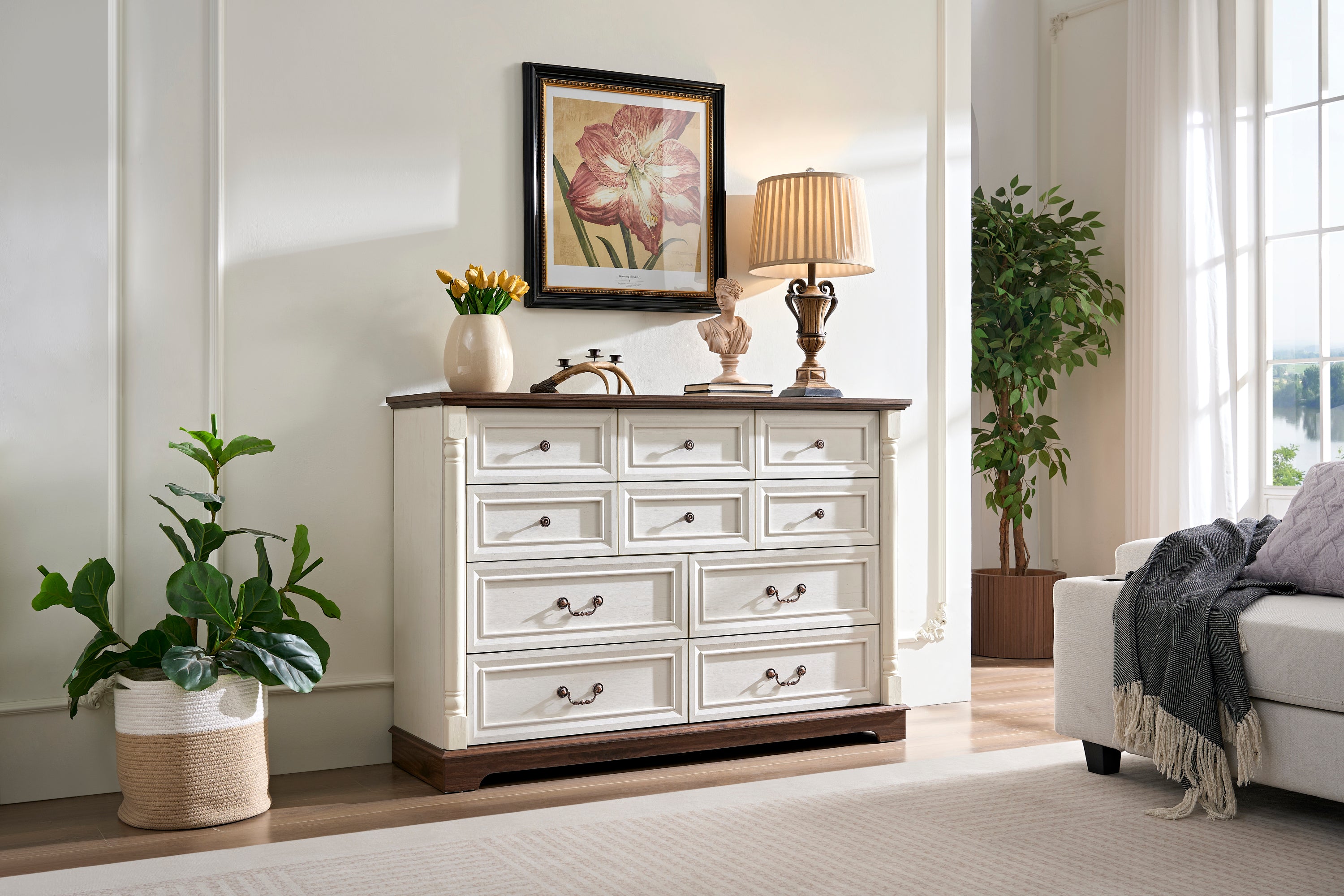 10-Drawer Wooden Dresser Chest with Rustic Base & Riser Trim - Bedroom Storage Dresser for Clothes, Linens & Accessories | Perfect for Master Bedroom, Guest Room & Living Room Organization