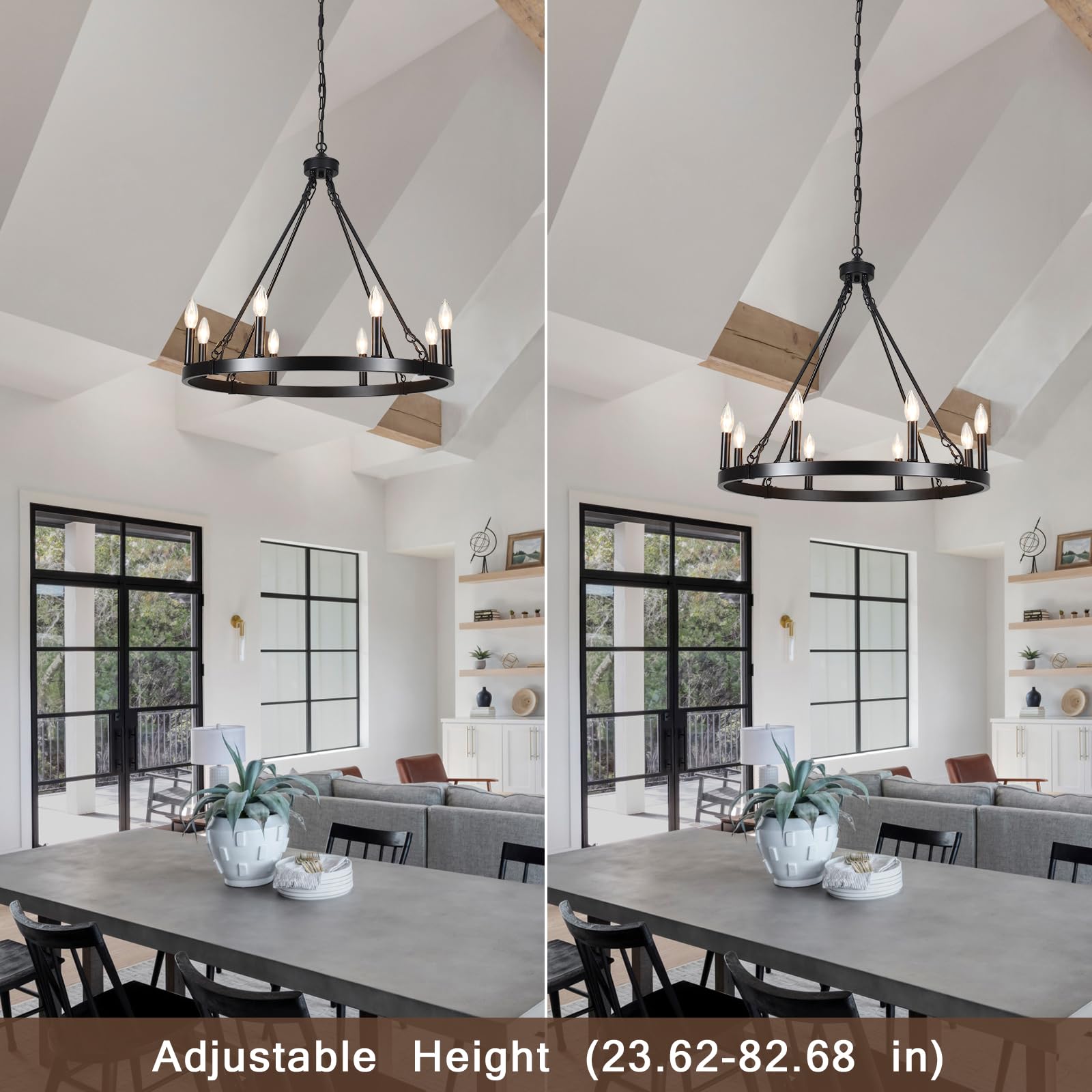 Black Wagon Wheel Chandelier - 8-Light Industrial Pendant Lighting Fixture for Dining Room, Living Room, Foyer & Entryway | Rustic Farmhouse Decor for Home & Restaurant