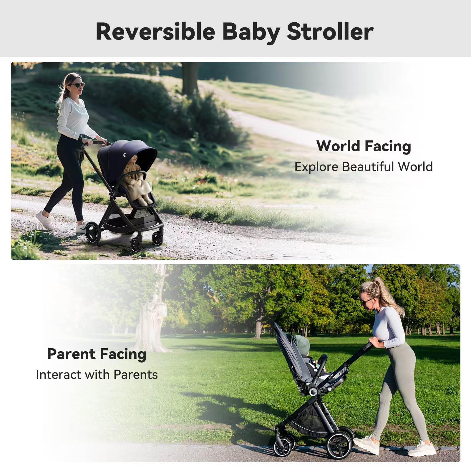 EMU Reversible Baby Stroller - Full-Size Infant Stroller with Reversible Seat & Full Recline | Compact Foldable Pram Carriage for City & Outdoor Use | Perfect for Shopping, Travel & Daily Walks (Black)