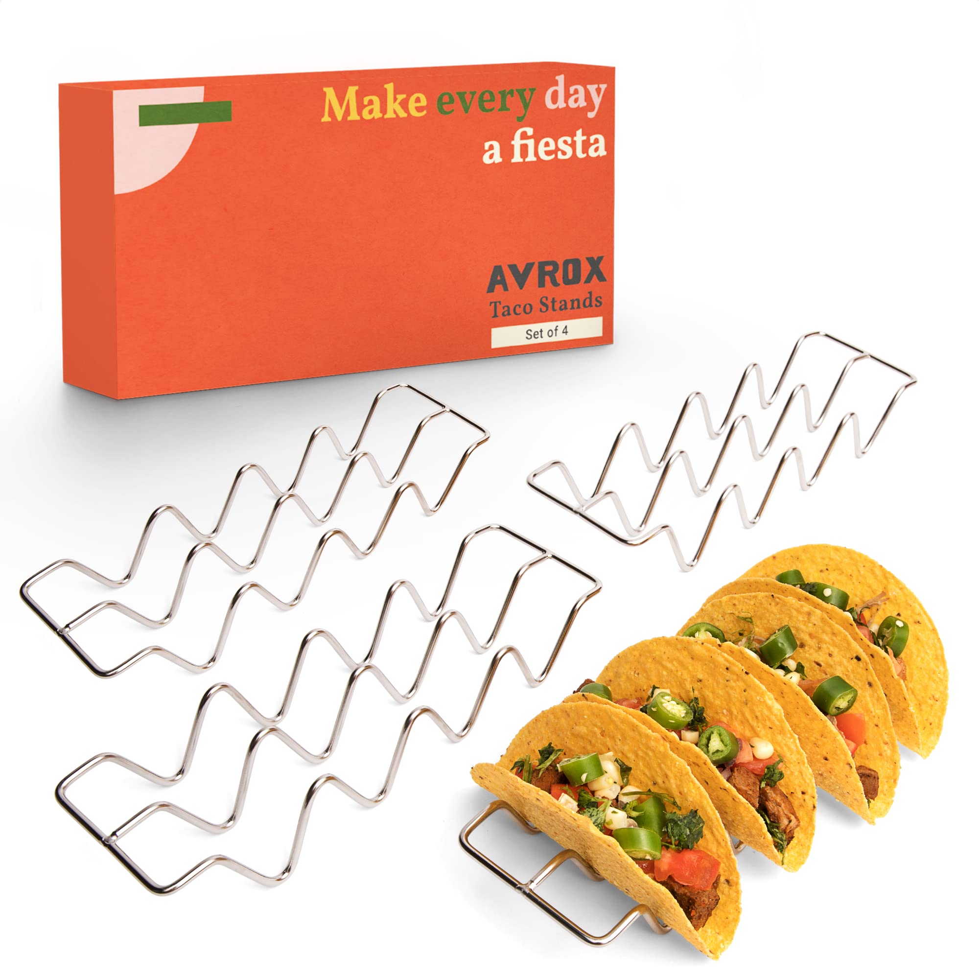 Stainless Steel Taco Holder Stand Set of 4 - Metal Taco Tray with Handles for Oven, Grill & Dishwasher - Taco Serving Rack Holds 4 Street Tacos Each - Perfect for Parties, BBQs & Mexican Food Lovers