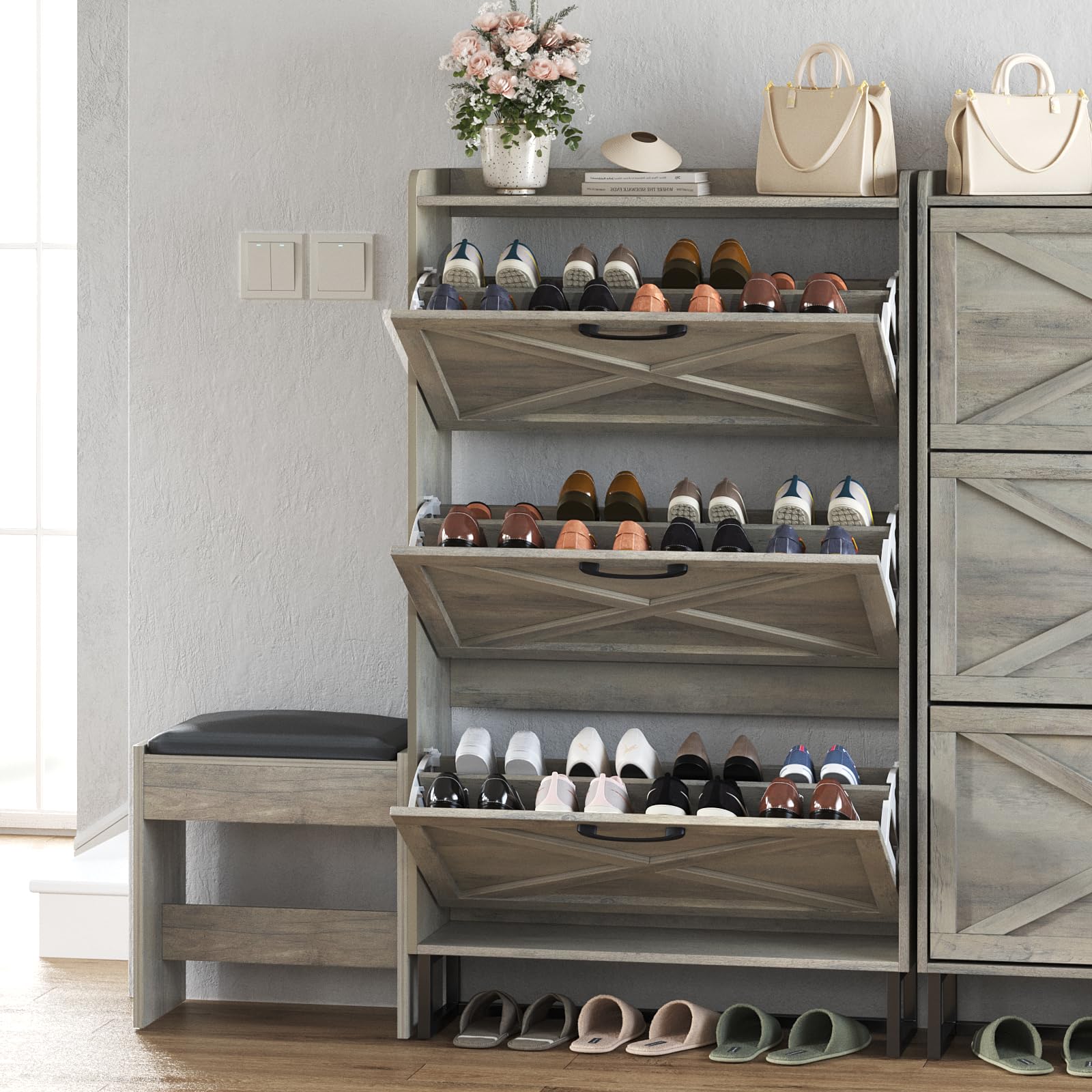 Maupvit 3-Tier Flip Drawer Shoe Storage Cabinet - Freestanding Farmhouse Organizer with Bench Seat & Cushion, Slim Narrow Shoe Rack with Metal Legs for Entryway, Hallway or Bedroom - Grey