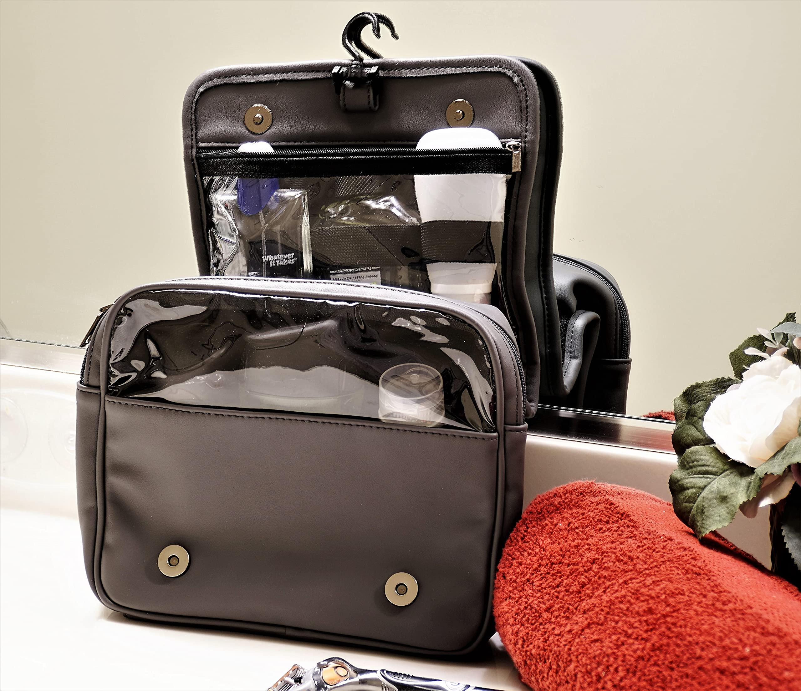 Vegan Leather Hanging Toiletry Bag with Magnetic & Zipper Closure - Compact Travel Organizer for Cosmetics, Makeup & Toiletries (Fits 8-inch Containers) - Ideal for Camping, Gym & Business Trips
