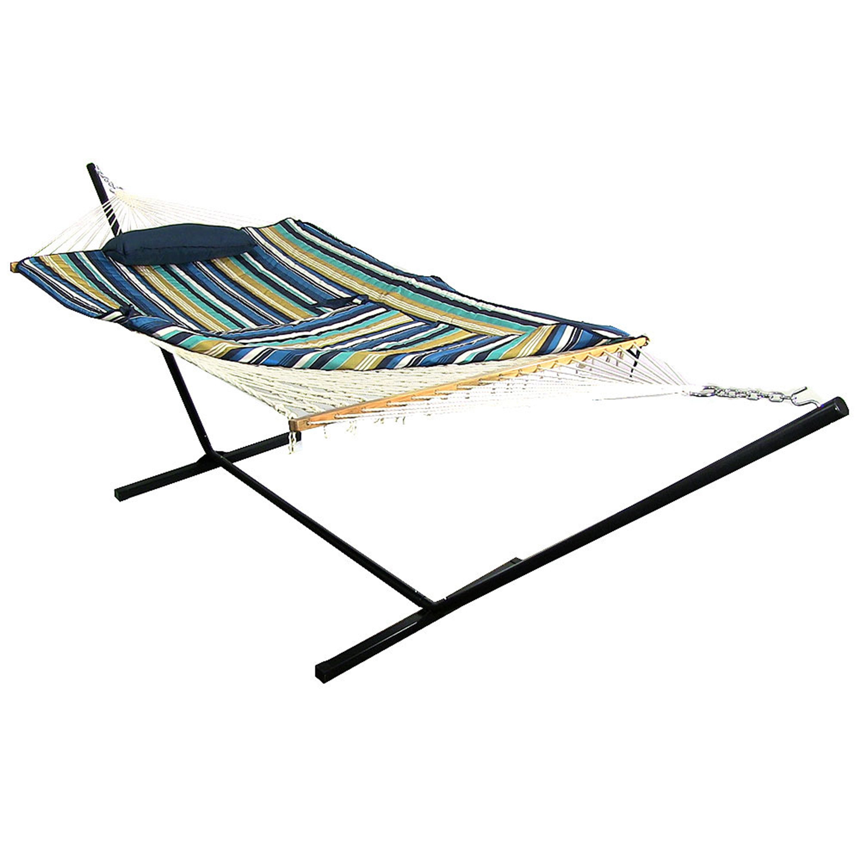 Premium Sunnydaze Rope Hammock with 12-Foot Steel Stand, Comfortable Pad & Pillow - Perfect for Backyard Relaxation, Beach Lounging & Outdoor Camping