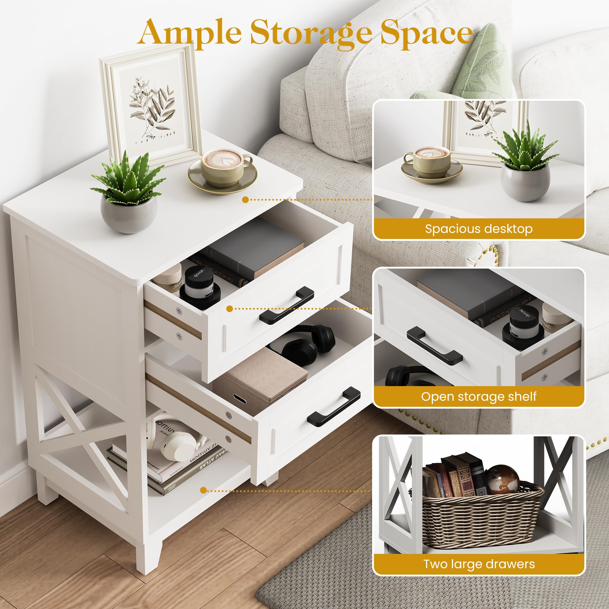 RoyalCraft White Modern Nightstand Set of 2 - Tall Bedside Tables with 2 Drawers & Open Shelf, Solid Wood Feet - Perfect for Bedroom, Home Office & Living Room Storage Solutions