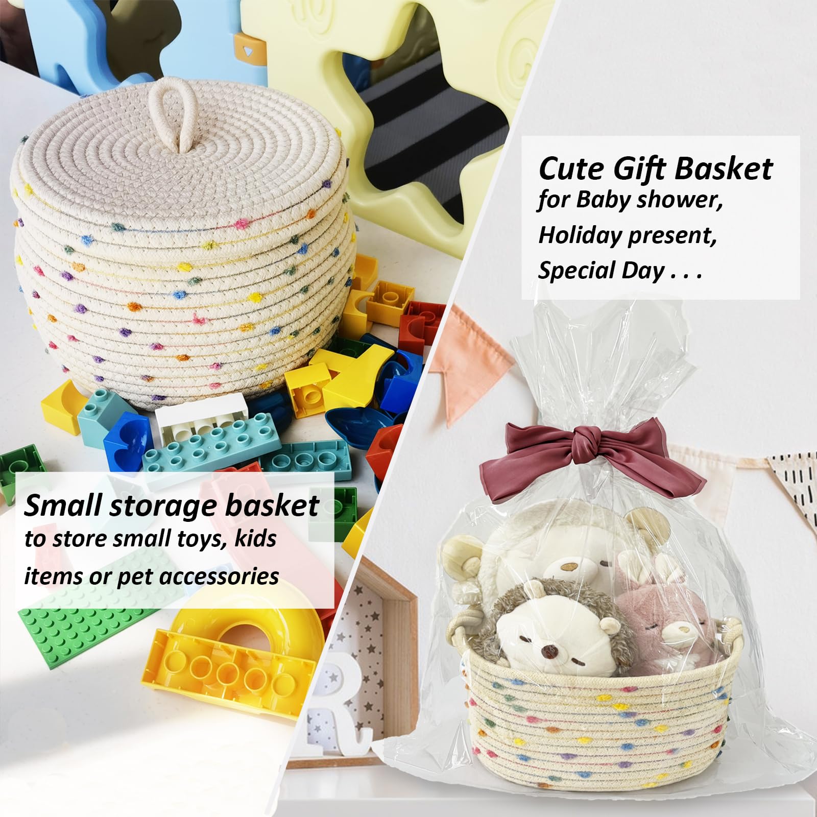Esme L&H Small Woven Rope Storage Baskets - Set of 3 Decorative Organizer Bins for Baby Nursery, Toys, Shelves & Closet - Rainbow Home Organization Solution for Bedroom, Bathroom & Office Storage Needs