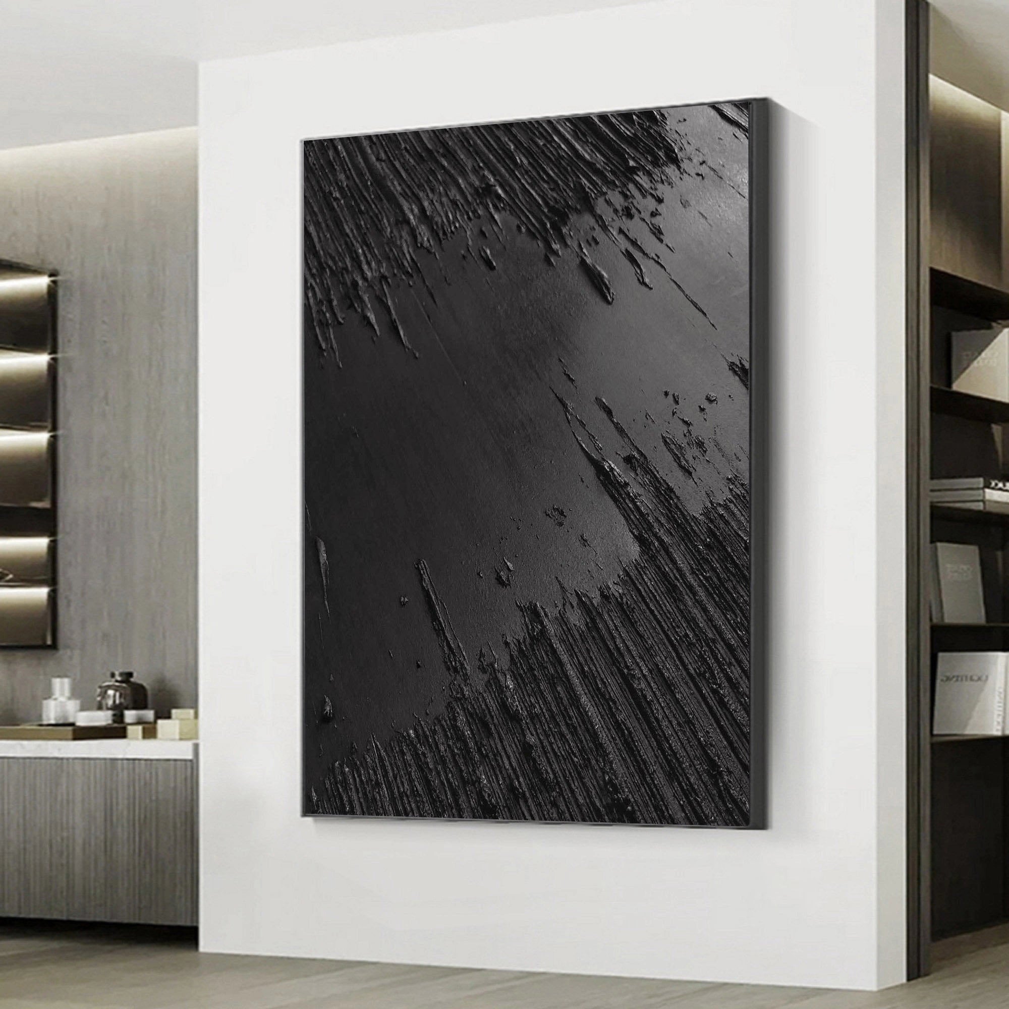 Black Minimalist Textured Painting Canvas #MZ013 - Modern Abstract Wall Art for Living Room, Bedroom & Office Decor