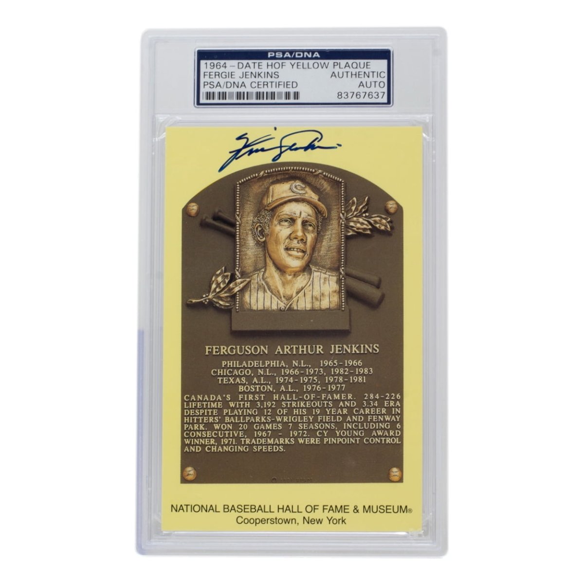 Fergie Jenkins Autographed Chicago Cubs Hall of Fame Plaque Postcard - PSA/DNA Certified 637 - Perfect for Baseball Memorabilia Collectors & Cubs Fans Display