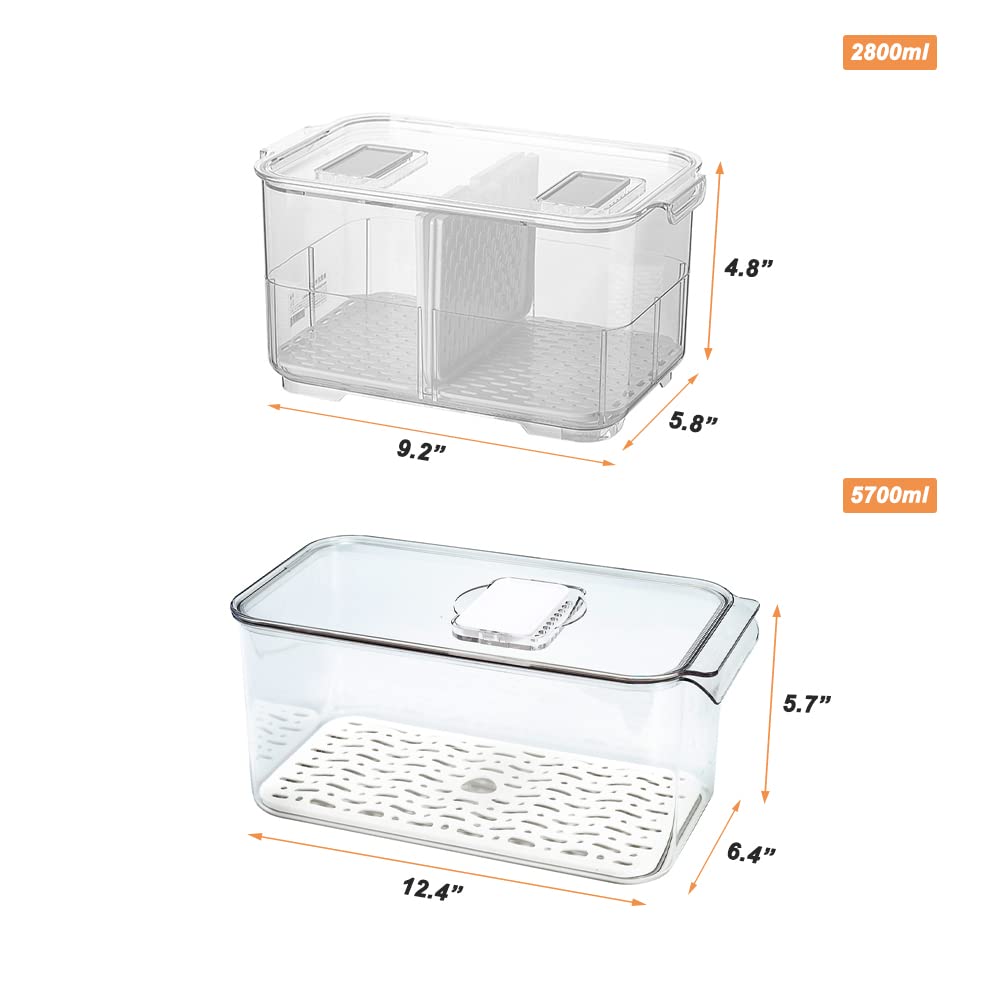 **Airtight Food Storage Containers for Fridge - 2800ML & 5700ML Lettuce Keeper with Lids & Drain Tray - Clear Fridge Organizer Set of 4 - Perfect for Fresh Produce, Meal Prep & Kitchen Organization**