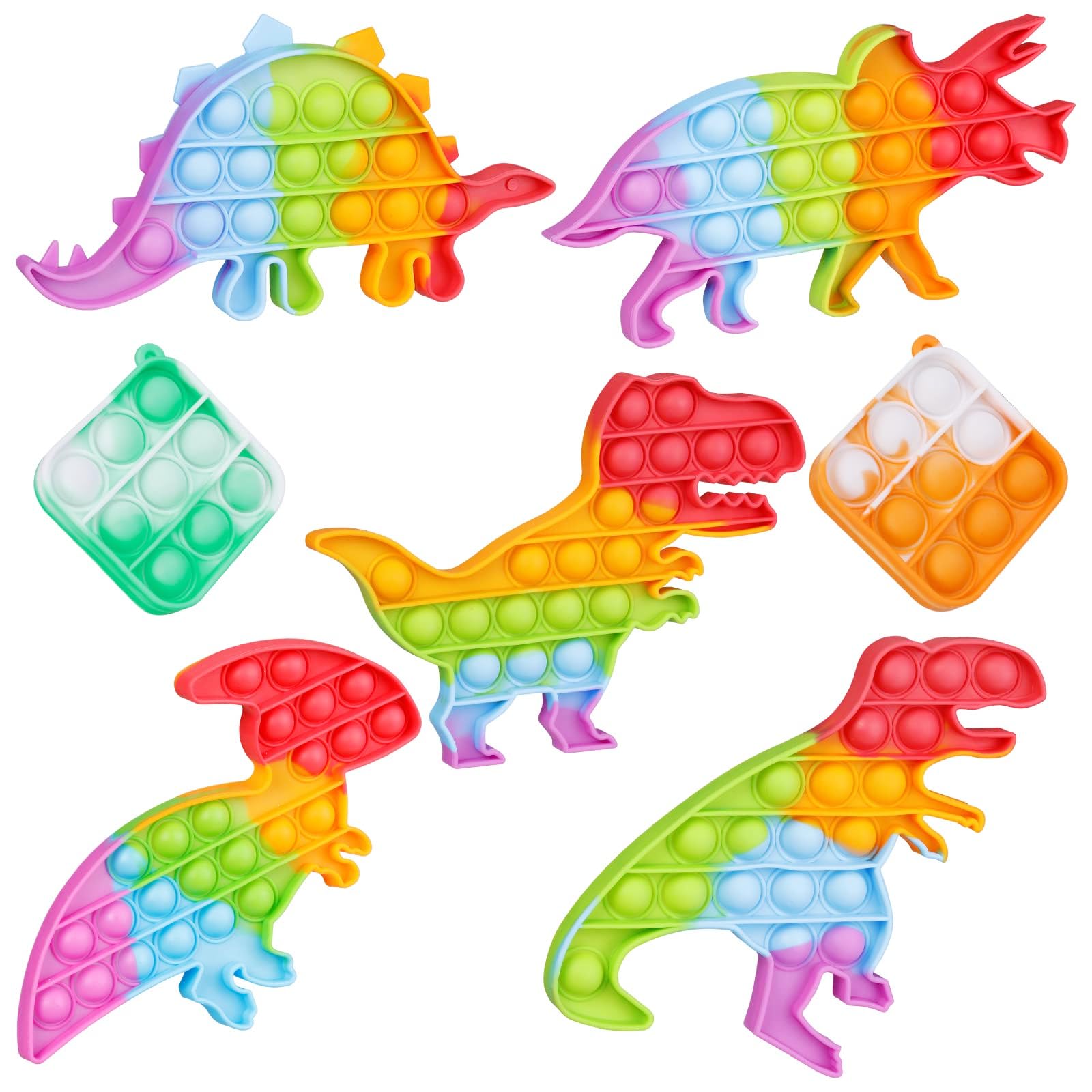 Dinosaur Pop Fidget Toys Set - 7 Pack Silicone Rainbow Sensory Stress Relief Toys for Kids & Adults with ADHD, Autism - Squeeze Popper for Anxiety, Focus & Classroom Use