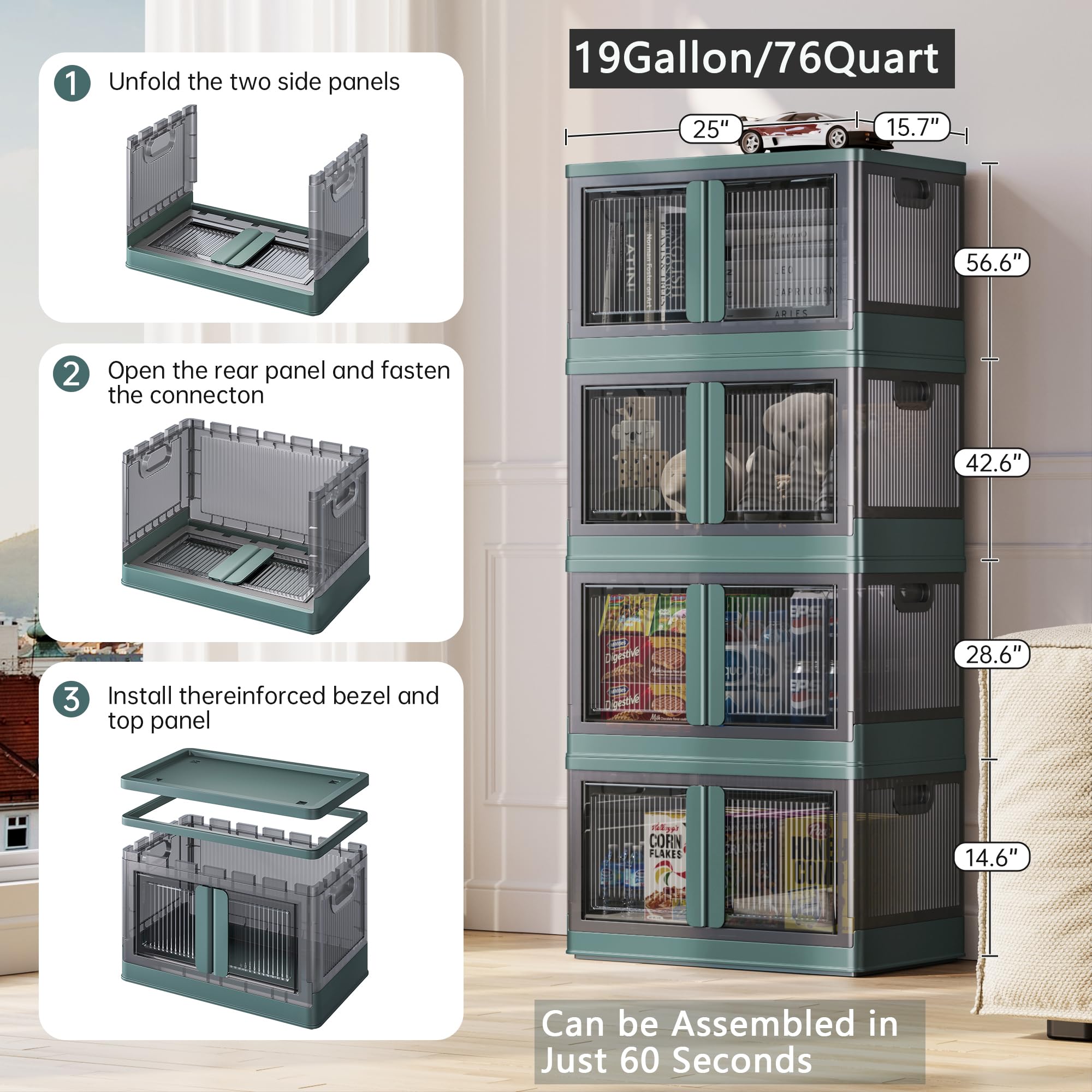 19 Gallon Collapsible Storage Bins with Lids - 4 Pack Stackable Plastic Storage Containers with Doors & Wheels for Home Organization | Perfect for Closet, Garage, and Office Storage Solutions