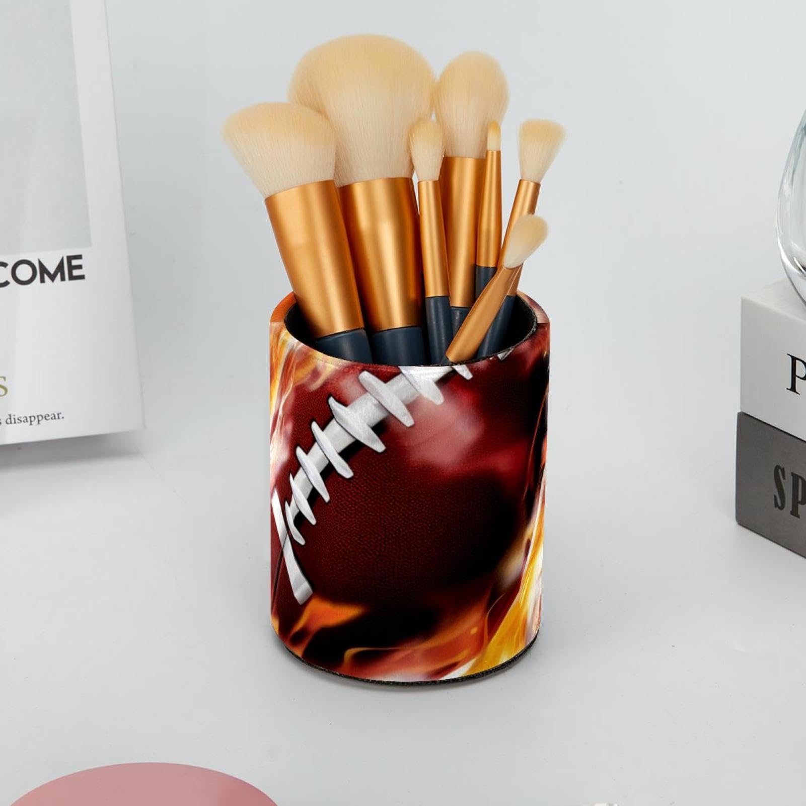 Desk Pen Holder & Pencil Organizer - American Football & Fire Design - Office Supplies for Home, School, and Workplace Organization