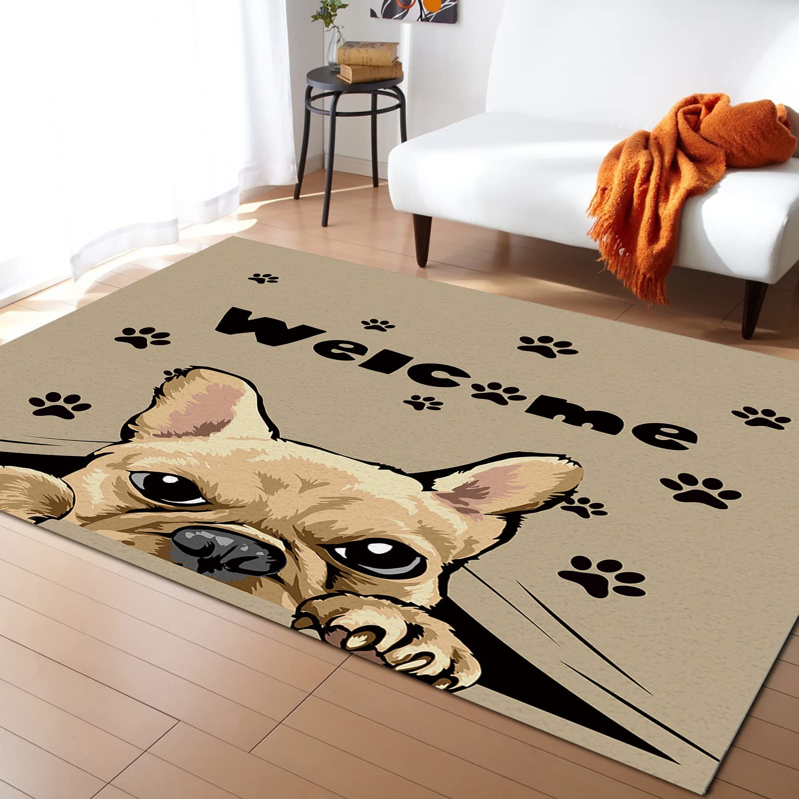 Soft Cartoon Animal Dog Welcome Paw Print Area Rug - Non-Slip Indoor Carpet for Living Room, Bedroom & Kids Room | Cozy Home Decor Floor Mat with Retro Design - Perfect for Pet Lovers & Family Gatherings