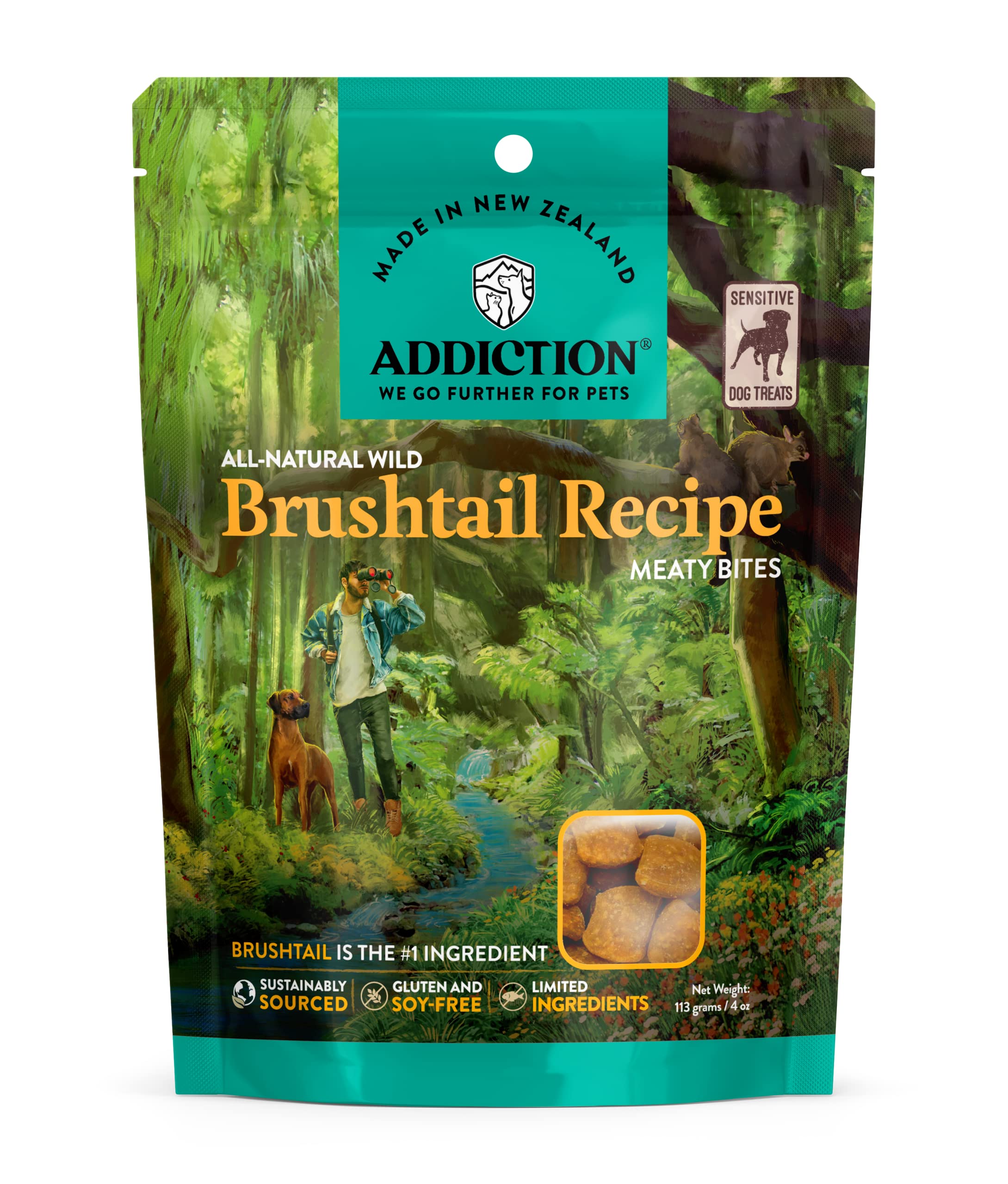 Addiction Meaty Bites - Hypoallergenic Grain-Free Dog Treats - High Protein Soft Training Treats for Dogs with Allergies - Made in New Zealand - Brushtail Flavor 4oz - Perfect for Sensitive Stomachs & Reward Training