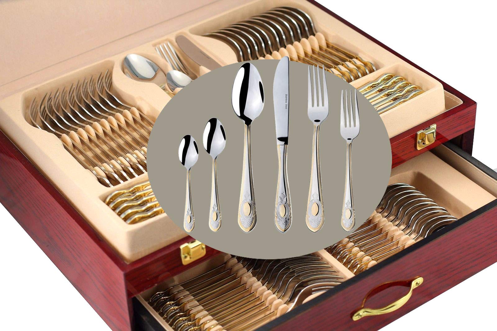 Venezia Collection 75-Piece Gold Flatware Set for 12 - 24Kt Gold Plated 18/10 Surgical Stainless Steel Luxury Silverware Cutlery with Wooden Storage Case - Perfect for Formal Dining, Wedding Gifts & Dinner Parties