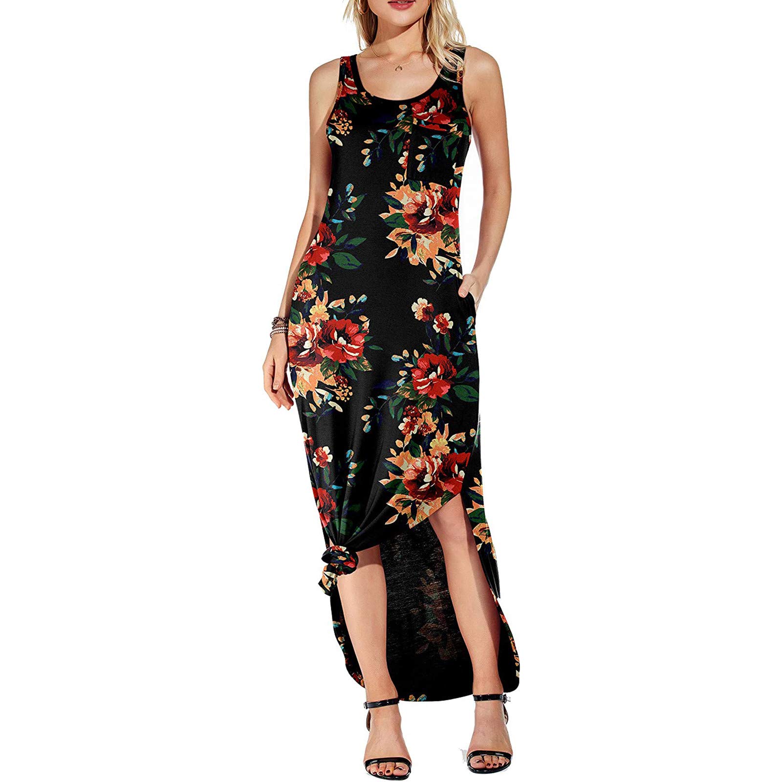 Women's Sleeveless Maxi Dress with High Split & Pockets - Flowy Floral Sundress for Summer, Beach, Party & Casual Wear | Perfect for Vacations, Date Nights & Outdoor Events