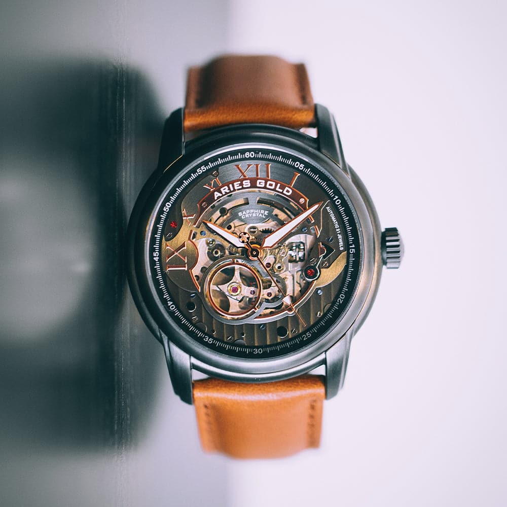 Aries Gold El Toro Black Skeleton Dial Men's Watch with Brown Leather Strap - Model G 9005A BK BK - Perfect for Business, Formal Events & Luxury Gift Giving