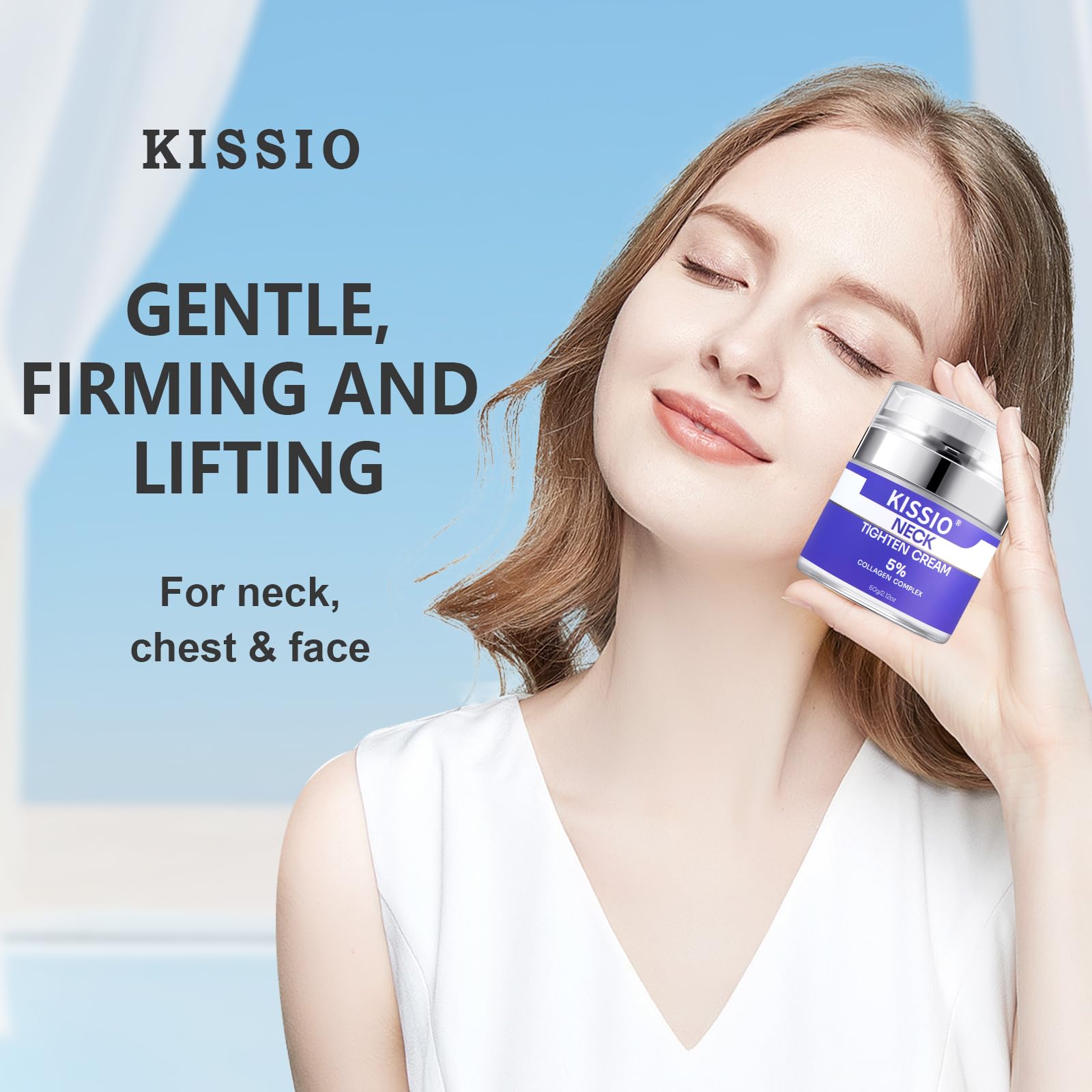 KISSIO 5% Collagen Complex Neck Firming Cream - Anti-Aging Neck Tightening Cream with Peptides & Aloe Vera for Lifting, Hydration & Wrinkle Reduction - All Skin Types - 2.12 Oz - Perfect for Night Routine & Daily Skincare Regimen