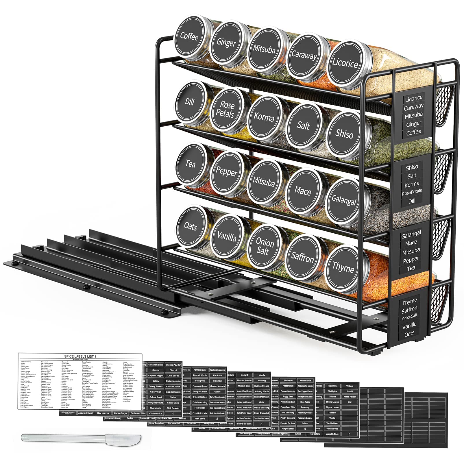 SpaceAid Pull-Out Spice Rack Organizer with 20 Jars - Heavy Duty Slide-Out Seasoning Storage for Kitchen Cabinets - Includes 801 Labels & Chalk Marker (Left Facing) - Perfect for Pantry Organization & Cooking Convenience