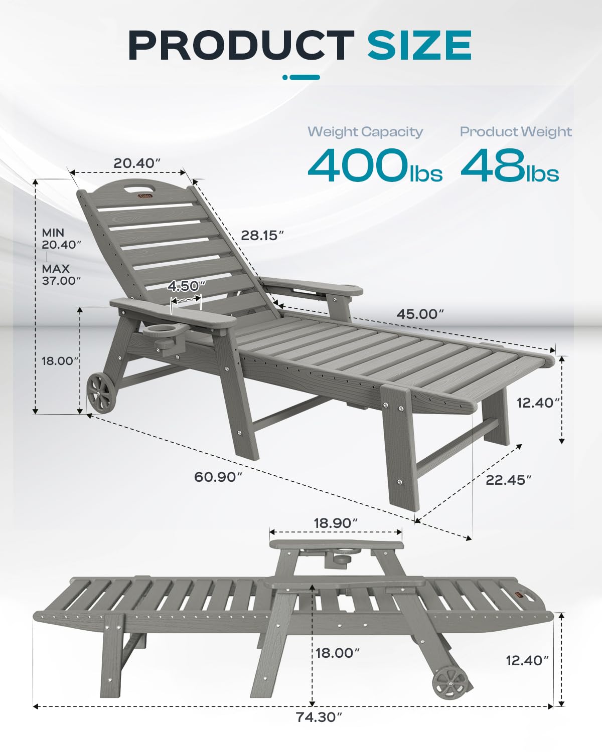 Outdoor Lounge Chair with 5 Adjustable Positions, Oversized Patio Chaise Lounge with Wheels & Cup Holder - Durable HDPE Material for Poolside, Deck, Backyard Relaxation - Grey
