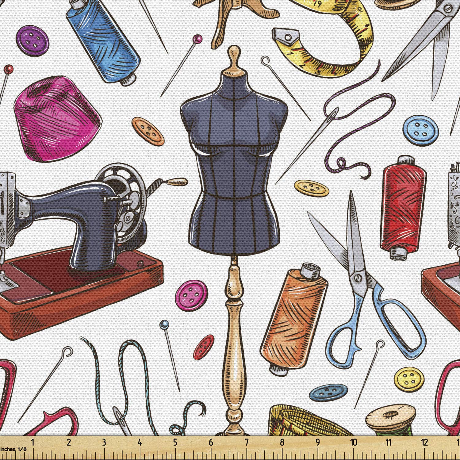 Lunarable Cartoon Sewing Machine & Tape Measure Pattern Fabric by The Yard - 10 Yards Purple Blue Pink Decorative Upholstery Fabric for DIY Home Decor, Curtains, Pillows & Craft Projects