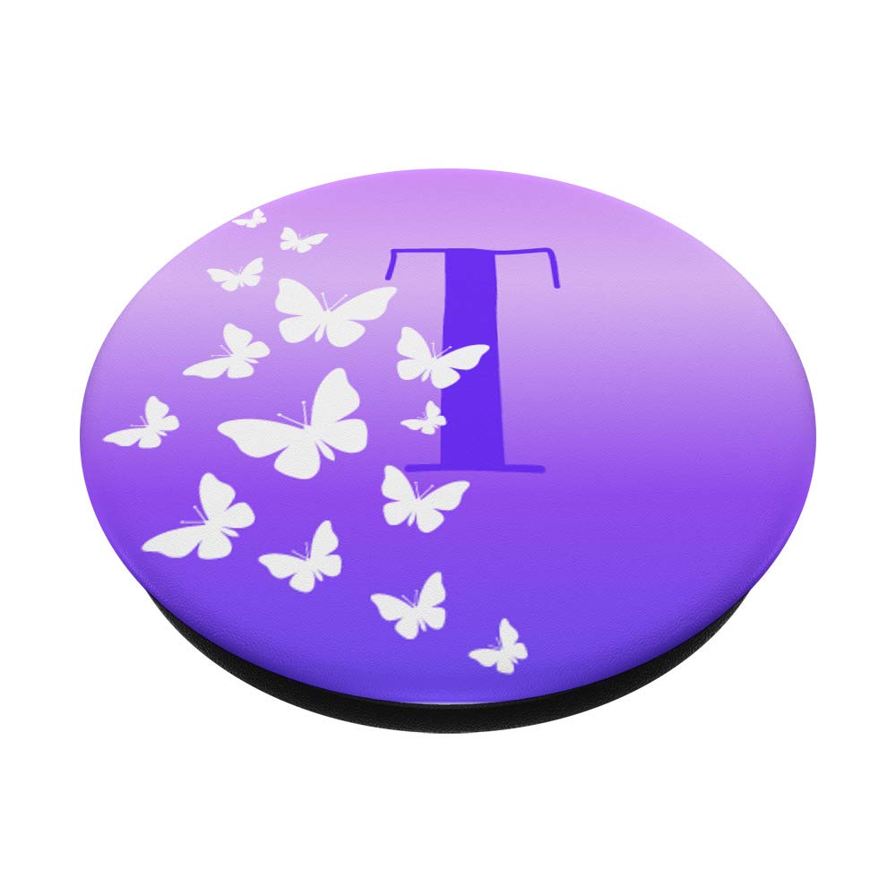 Purple Letter T PopSockets Grip & Stand with Fluttering White Butterflies Design - Perfect Phone & Tablet Accessory for Lovers, Gifts, and Everyday Use
