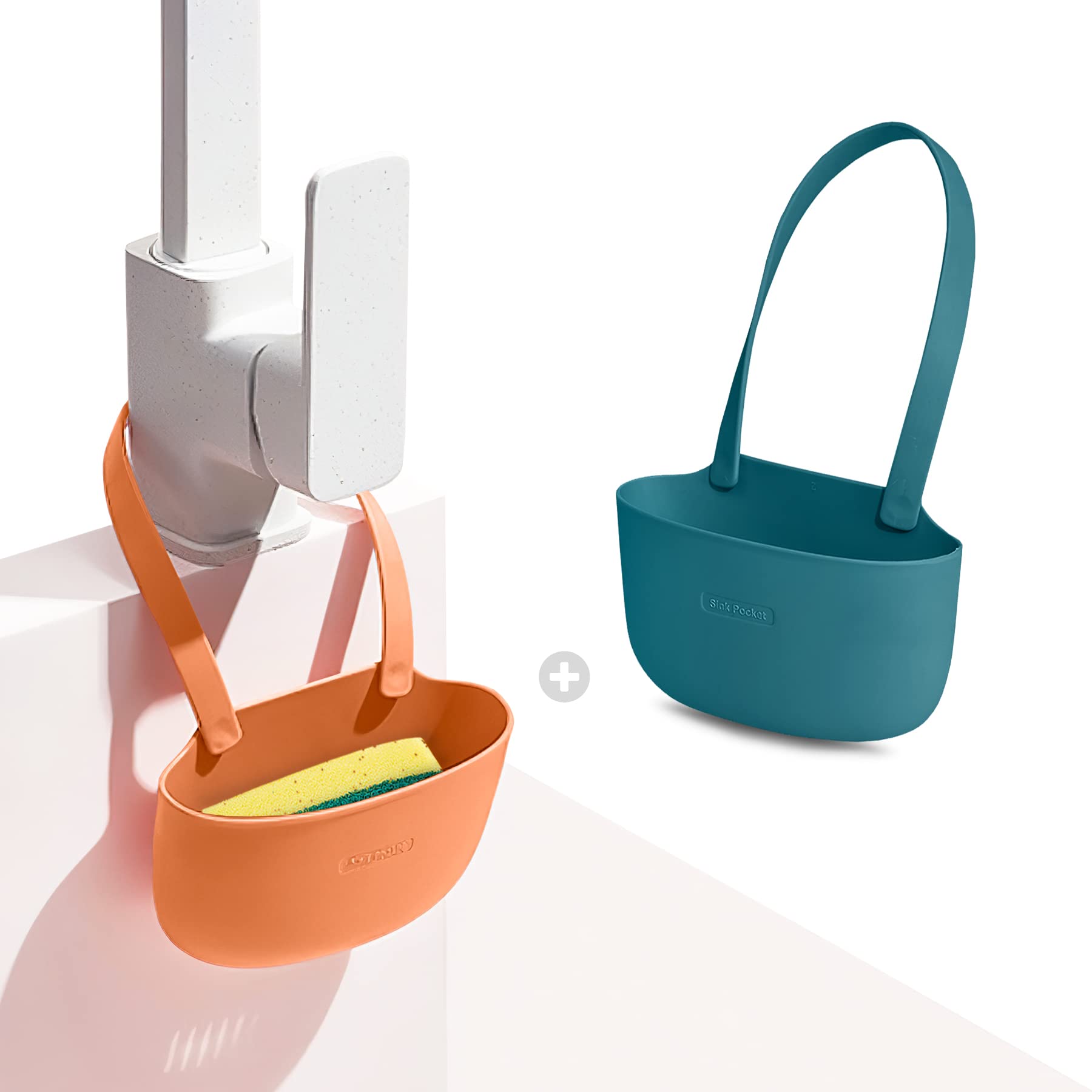 Sophie & Panda 2-Pack Silicone Sponge Holder for Kitchen Sink - No Installation Soap Dish & Sink Caddy Organizer Set (Green & Orange) - Perfect for Keeping Kitchen Sink Clean and Organized