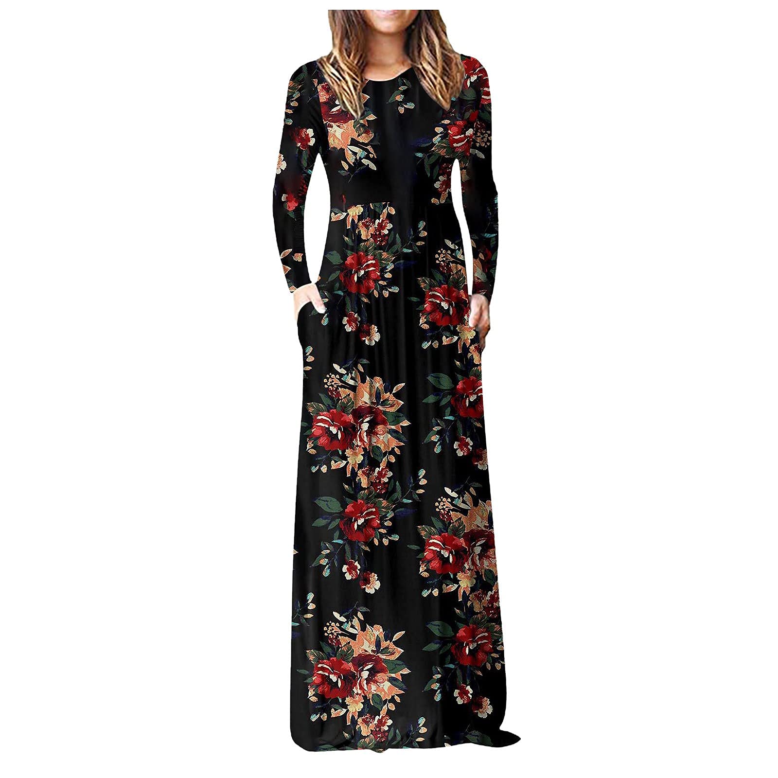 Women's Floral Print Long Sleeve Maxi Dress - Elegant Fall Evening Party Gown with Pockets | Floor Length Slim Fit Formal Dress for Weddings, Cocktail Parties & Special Occasions