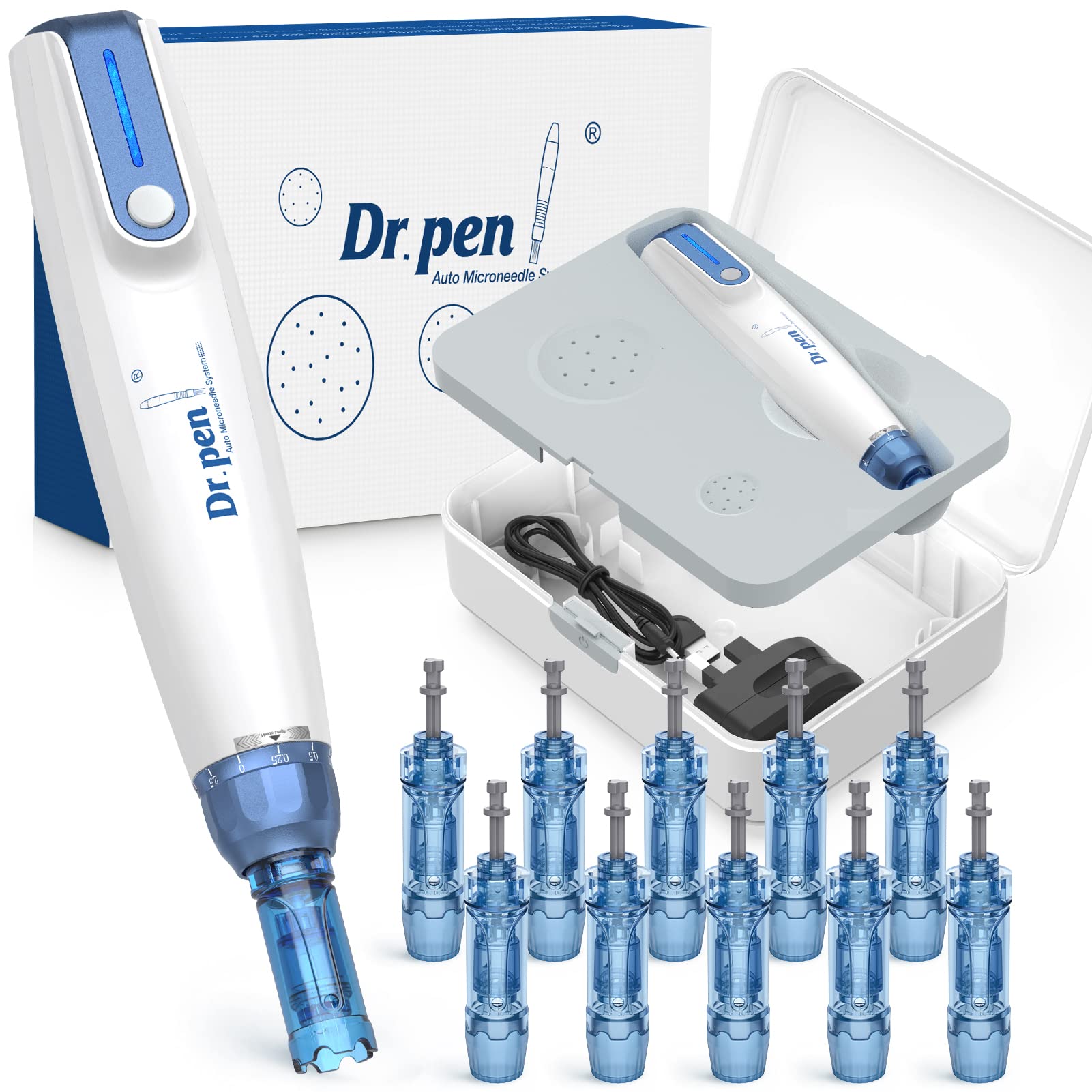 Professional Dr. Pen A9 Electric Microneedling Derma Pen Kit - Adjustable Microneedle Depth with 10 Replacement Cartridges for Face & Body | At-Home Skin Rejuvenation for Women & Men | Anti-Aging, Wrinkles & Acne Scar Treatment