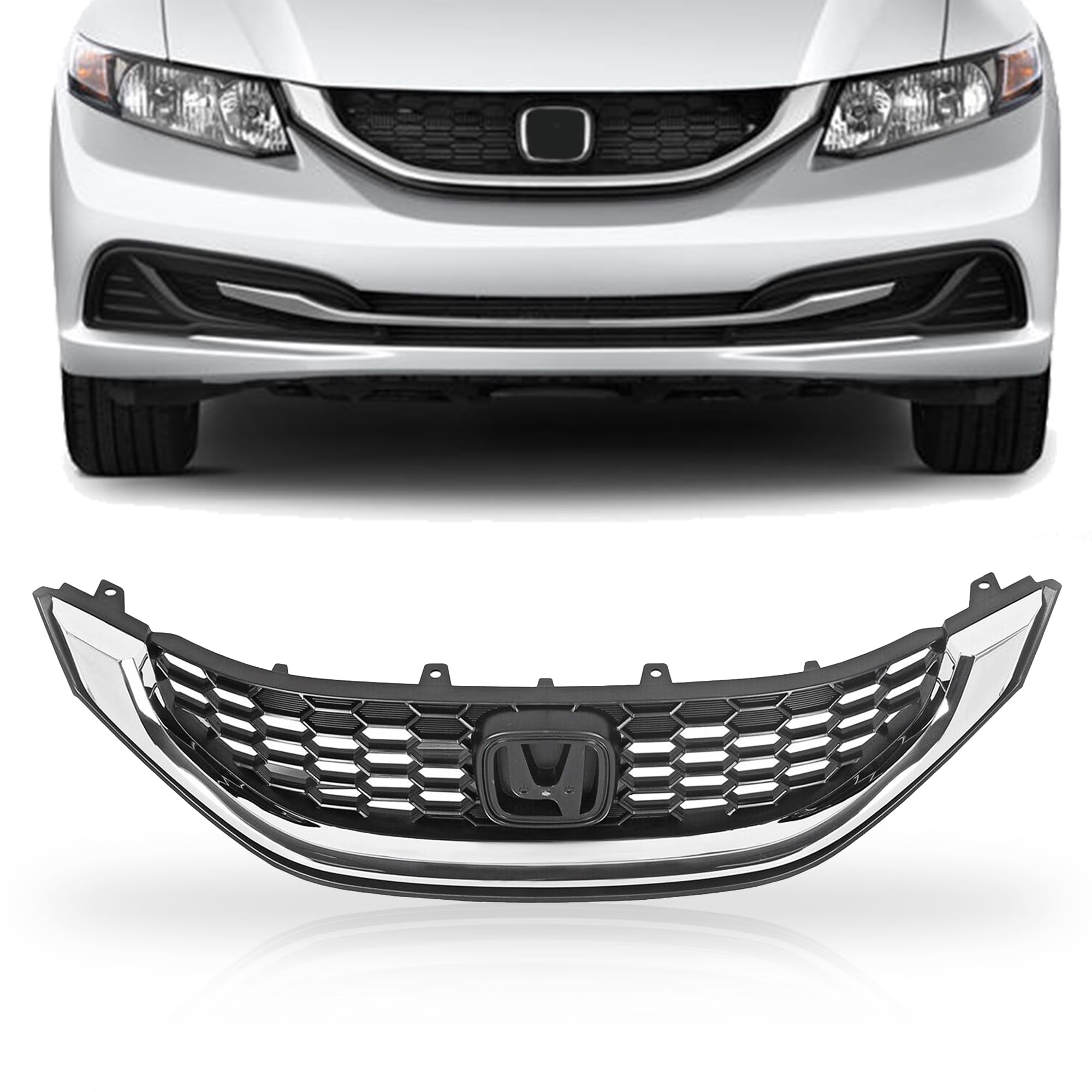 PartsFlow Front Bumper Grille Black with Chrome Honeycomb Grill - Compatible with 2013-2015 Honda Civic Sedan & Coupe | Durable Replacement for Enhanced Vehicle Style & Protection