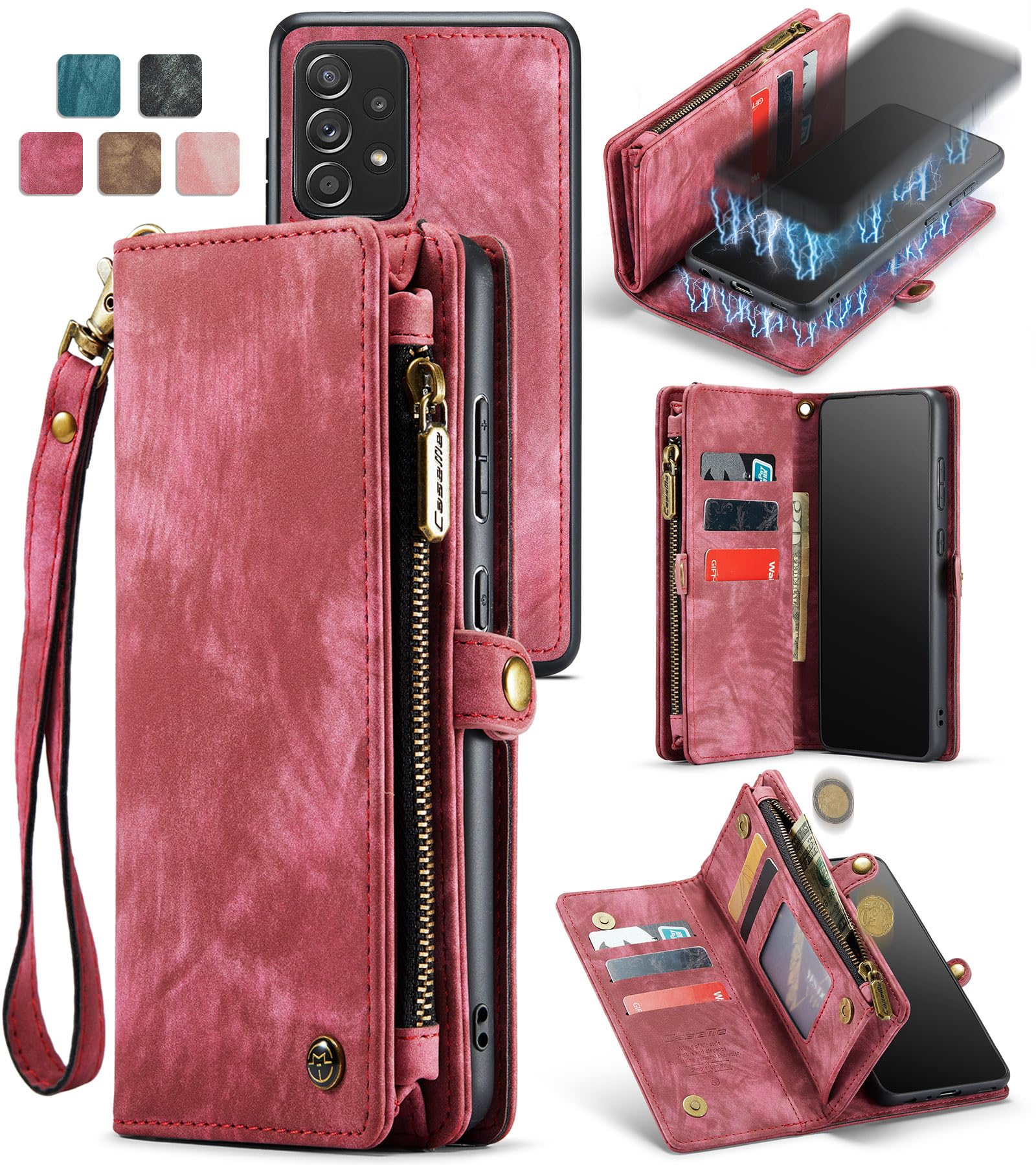 Genuine Leather Magnetic Wallet Case for Samsung Galaxy A52 4G/5G (2021) - Detachable Cover with RFID Blocking, Card Slots & Zipper Purse - Perfect for Business, Travel & Daily Protection (Red)