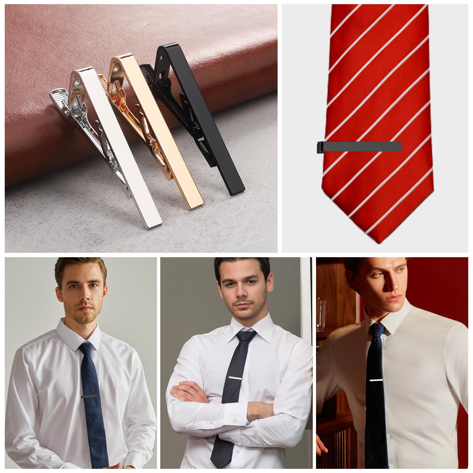 Men's Tie Clips 3-Pack - Silver Gold Black Tie Bars for Office & Formal Events