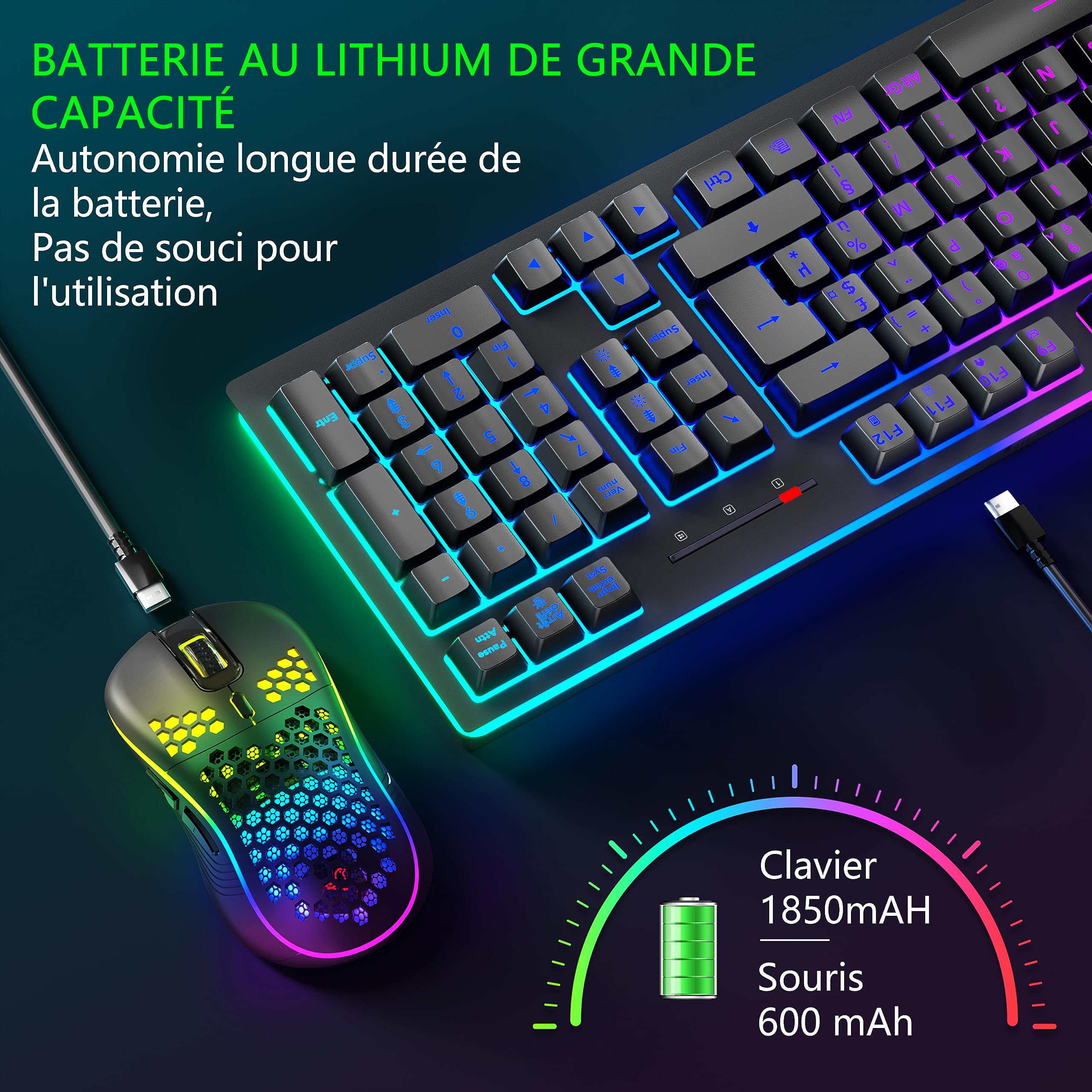 MOOJAY Wireless RGB Backlit Gaming Keyboard and Mouse Combo, Rechargeable 2.4G Ergonomic Wireless Keyboard with Wired Dual Mode Mouse for PC/Laptop/Windows/Mac - Black - Perfect for Gaming, Office Work & Home Use