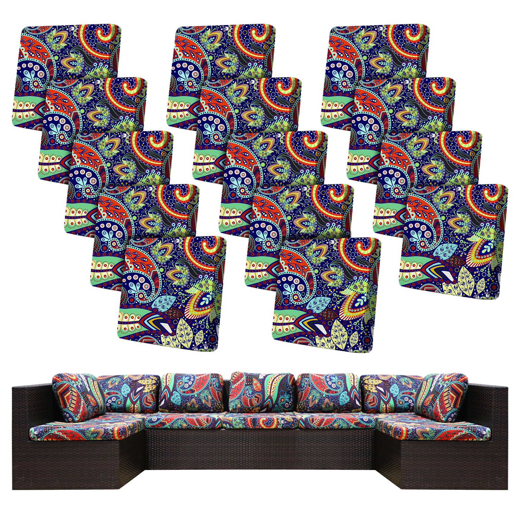 14-Piece Stretch Patio Cushion Covers - Waterproof Outdoor Furniture Slipcovers for Sofa, Couch & Chair Cushions Replacement - Washable & Durable Rococo Design (Covers Only) - Perfect for Backyard, Deck, Poolside & Patio Furniture Protection