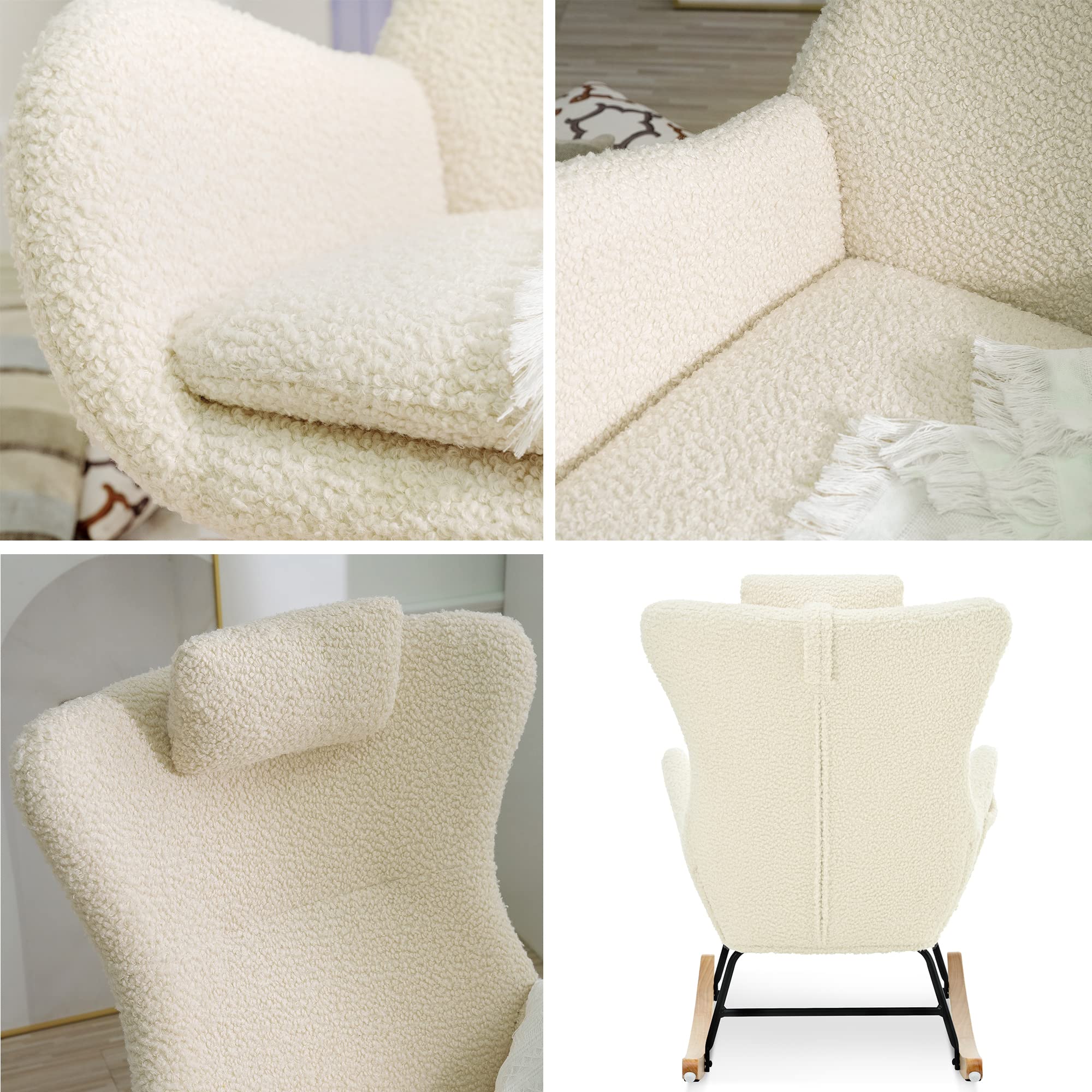 **Teddy Upholstered Glider Rocker Recliner - High Backrest Nursery Rocking Chair with Adjustable Headrest, Comfy Accent Armchair for Living Room & Bedroom (Beige) | Perfect for Nursing, Reading & Relaxing**