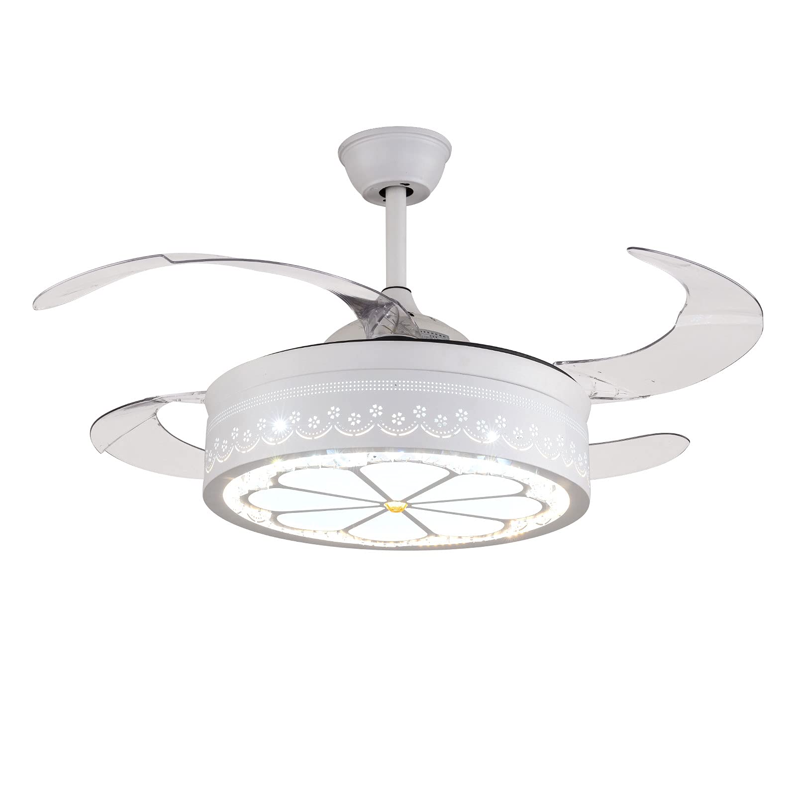 TFCFL 42 Inch White Invisible Ceiling Fan with Remote Control - 4 Retractable Blades, Modern LED Chandelier Fan with 3 Color Temperatures & 3 Speed Settings - Perfect for Living Room, Bedroom, and Indoor Spaces