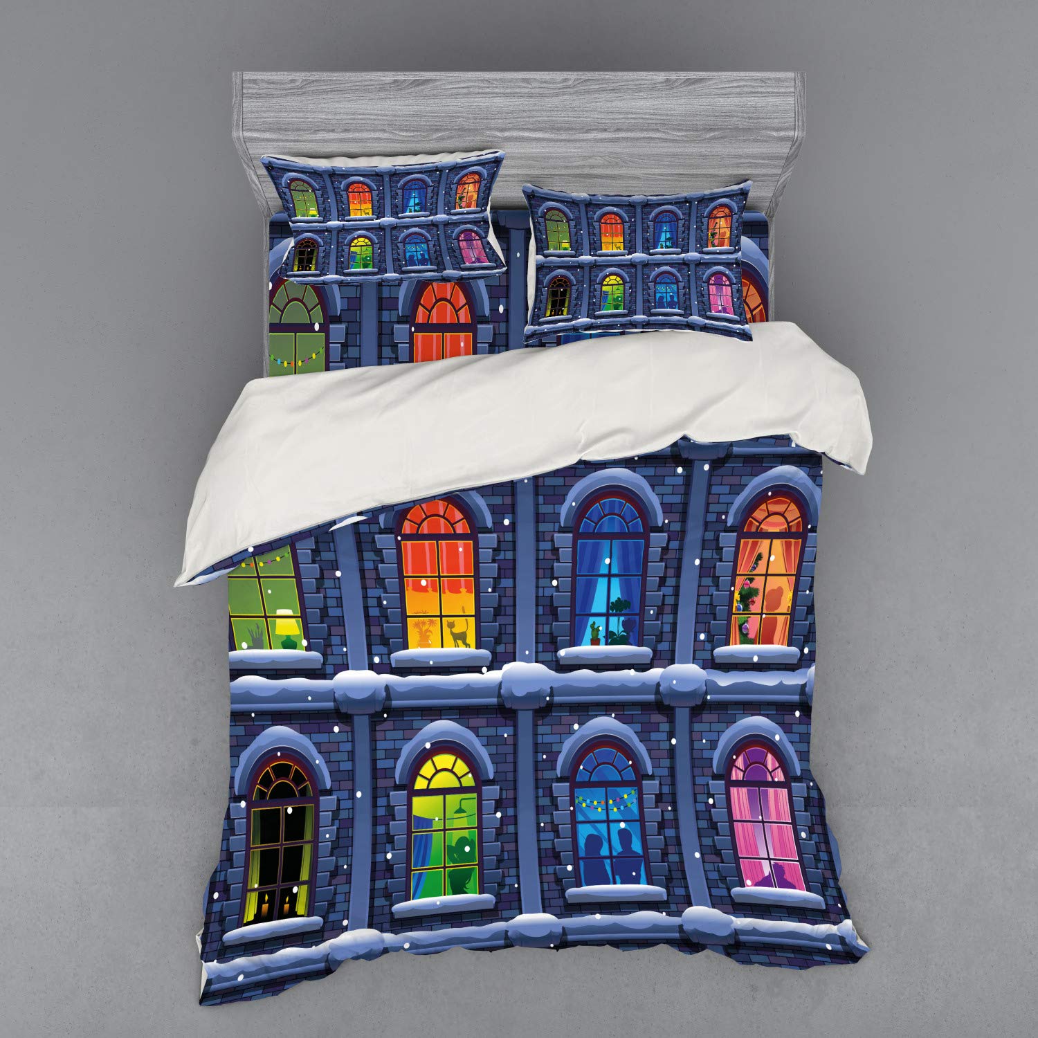 Ambesonne Urban Bedding Set - 4 Piece Queen Size Duvet Cover with Shams & Fitted Sheet, Colorful Winter Cityscape Design, Soft Microfiber for Cozy Bedroom Decor - Perfect for Winter Nights & Urban Apartment Styling