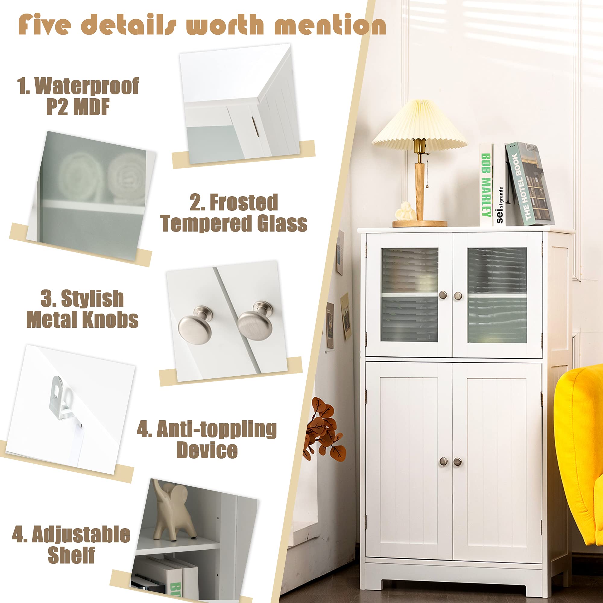 LOKO White Bathroom Floor Cabinet with Glass Doors - Wooden Storage Cabinet with Adjustable Shelf for Bathroom, Kitchen & Living Room - Perfect for Organizing Towels, Dishes & Home Decor Items