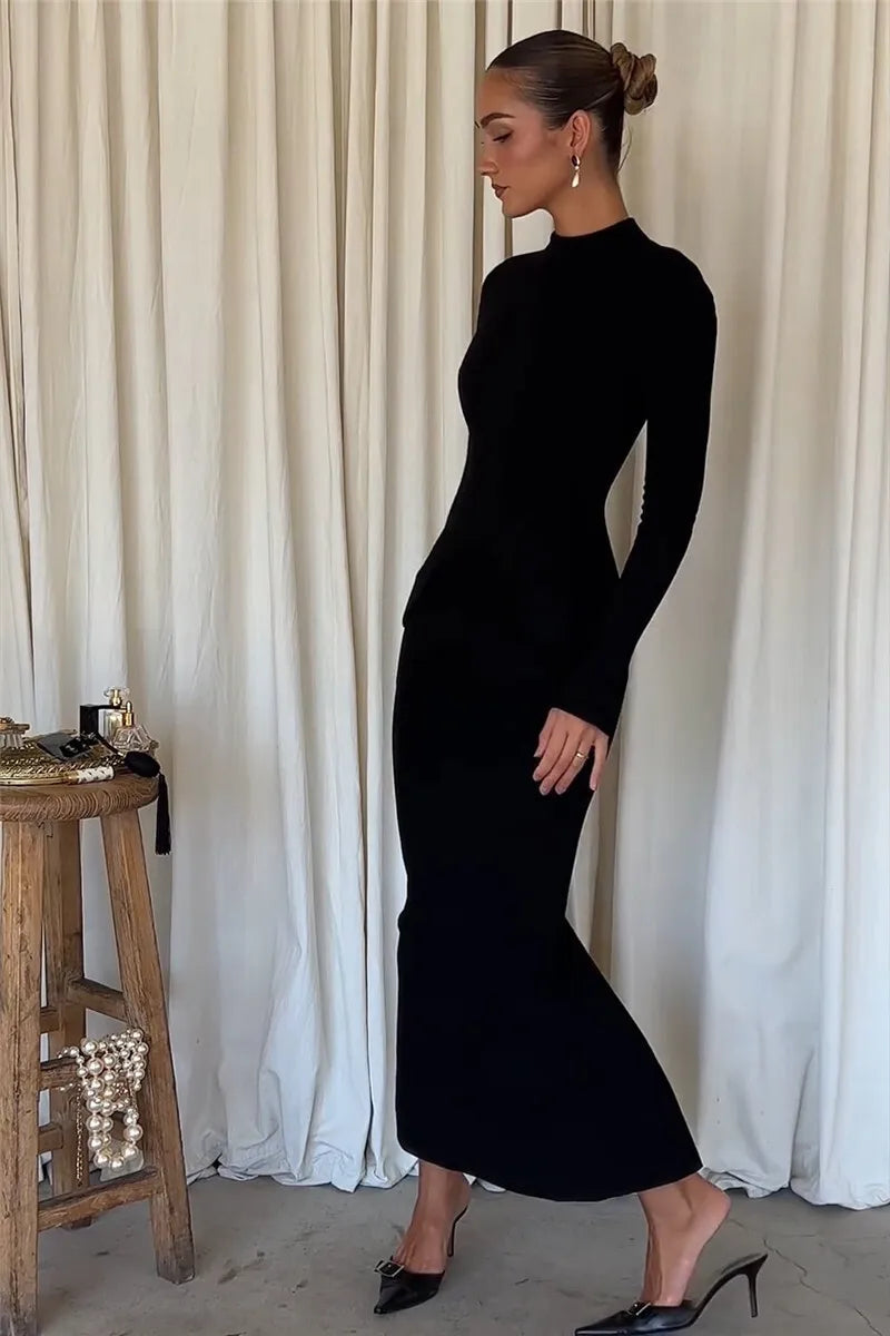 Elegant Black Long Sleeve Bodycon Maxi Dress for Women - O Neck with Two Pockets & Back Split - Perfect for Fall Winter Fashion, Date Nights, and Evening Parties