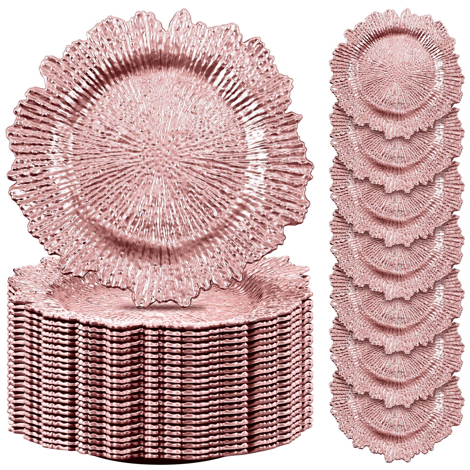 50 Pcs 13 Inch Floral Reef Design Plastic Charger Plates - Round Ruffled Rim Dinner Plates for Wedding, Party & Event Table Decor (Gold & Pink) | Elegant Table Setting for Fine Dining & Special Occasions