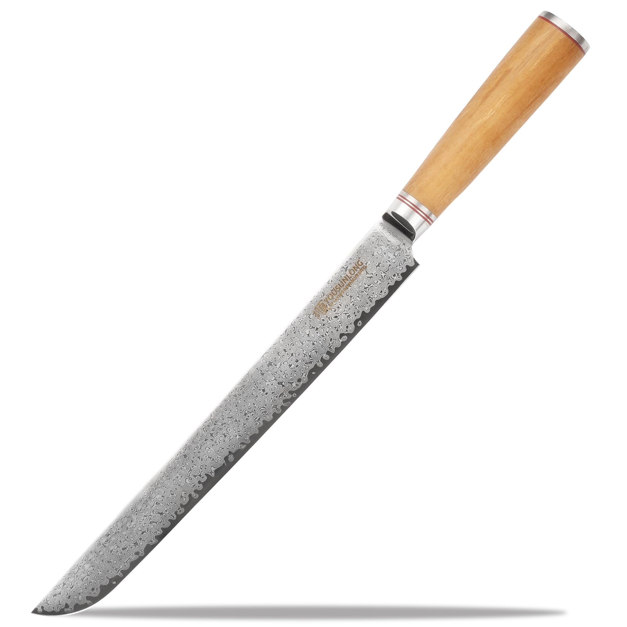 YOUSUNLONG 11 Inch Sakimaru Knife - Japanese Damascus Steel Sashimi & Sushi Knife with Hammered Finish - Professional Fillet Knife for Fish, Salmon, and Meats - Italian Olive Wood Handle & Leather Sheath - Perfect for Sushi Chefs, Home Cooking, and Gourmet Food Preparation
