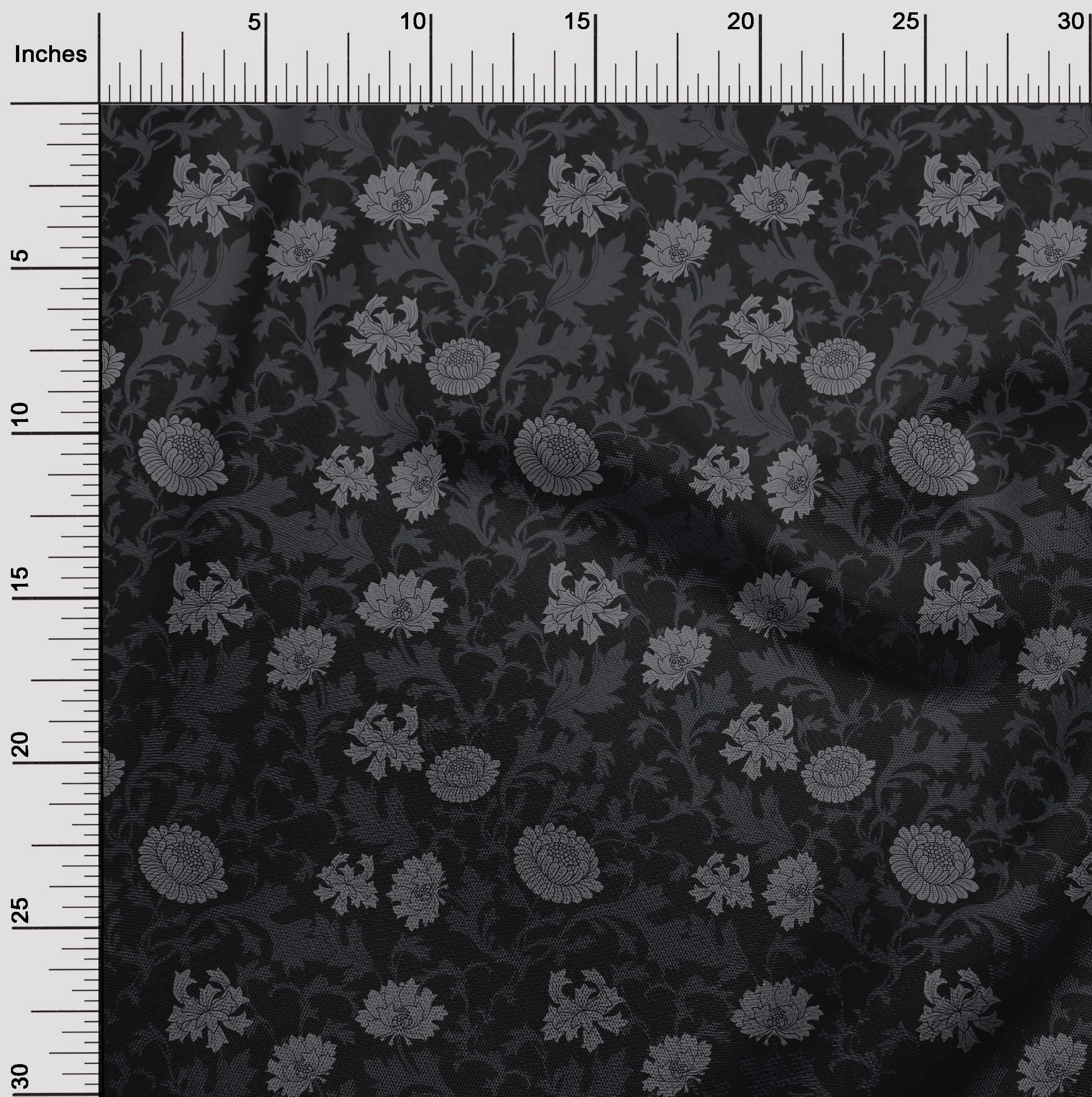 Premium Cotton Cambric Fabric - Black Leaves & Floral Artistic Print Dress Material (56