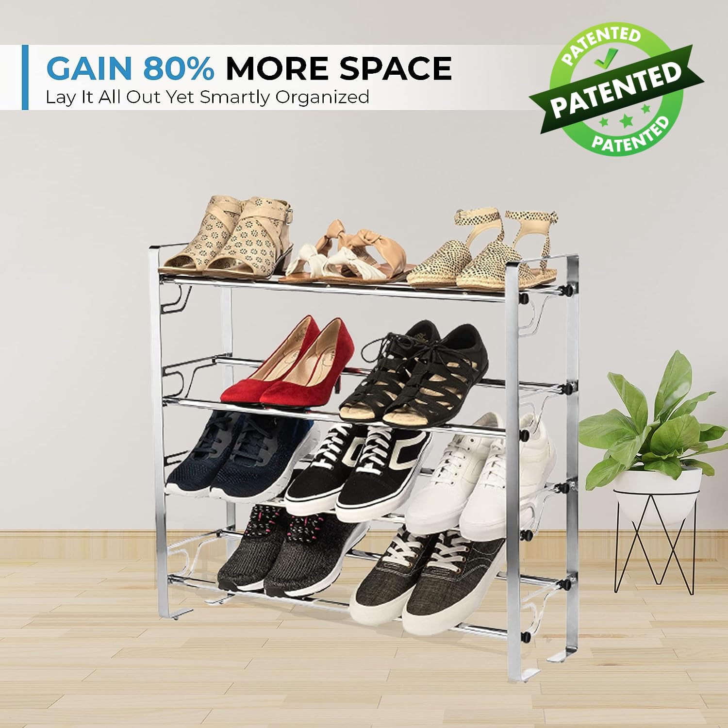Adjustable & Expandable Shoe Rack Organizer - 4-Tier Metal Shoe Shelf for Kids & Adults | Free Standing Closet Storage for Bedroom, Entryway & Closet | Space-Saving Shoe Storage Solution for Small Apartments & Dorm Rooms